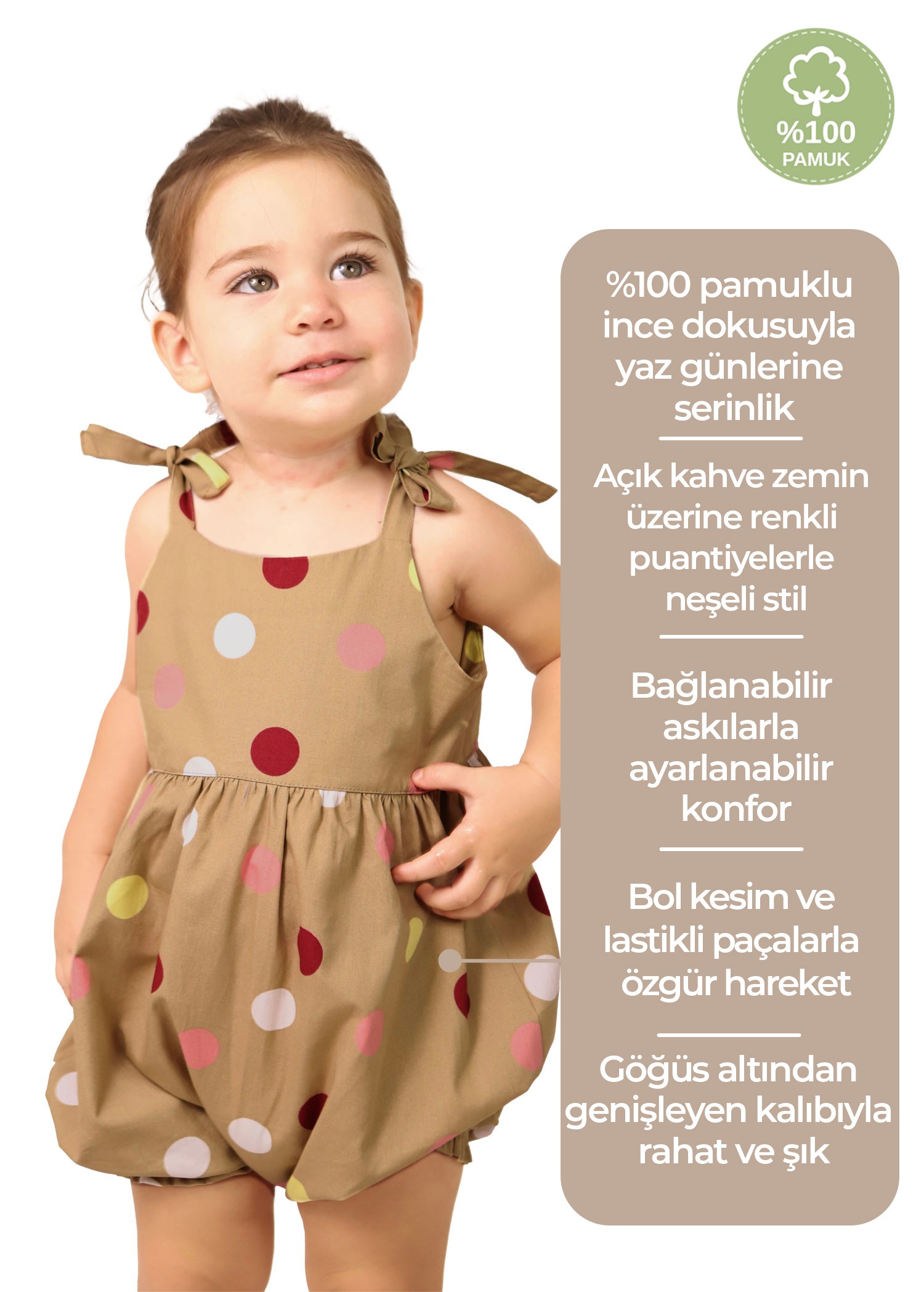 100% Pamuk Puantiyeli Askılı Yazlık Kız Bebek Tulum