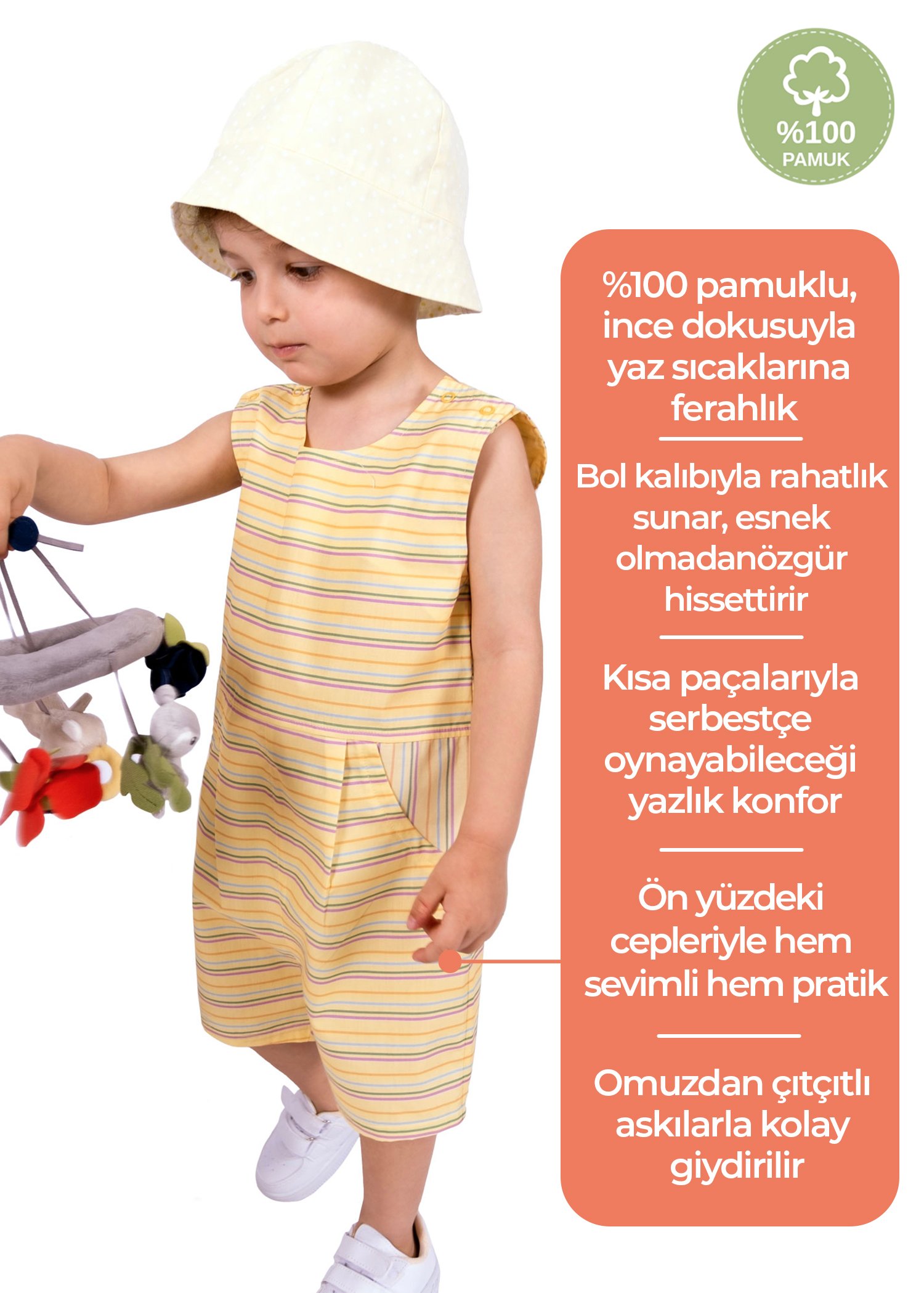%100 Pamuk Çizgili Sarı Yazlık Erkek Bebek Şort Tulum