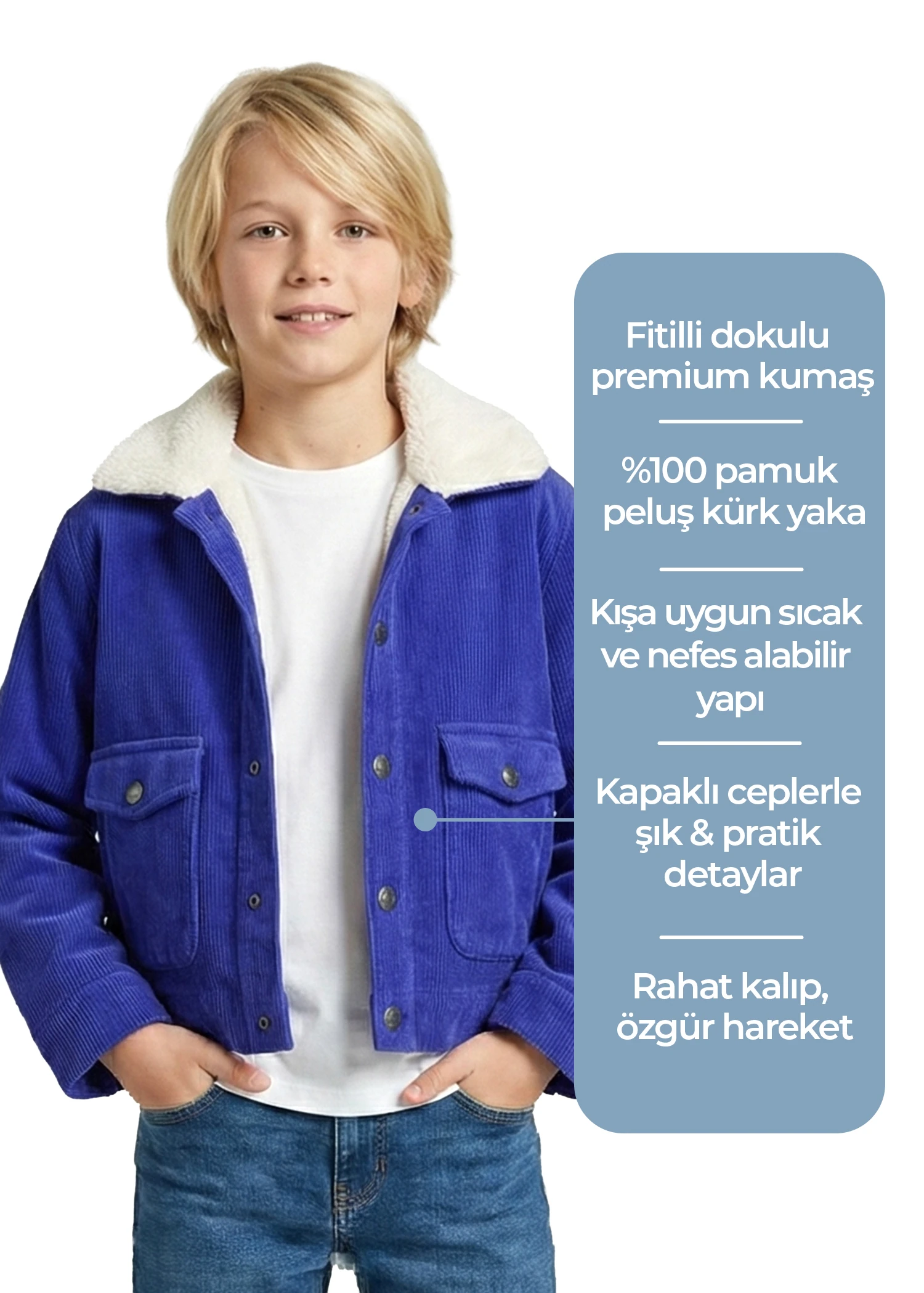 Fitilli Kadife Mavi Spor Kesim Kışlık Erkek Çocuk Ceket