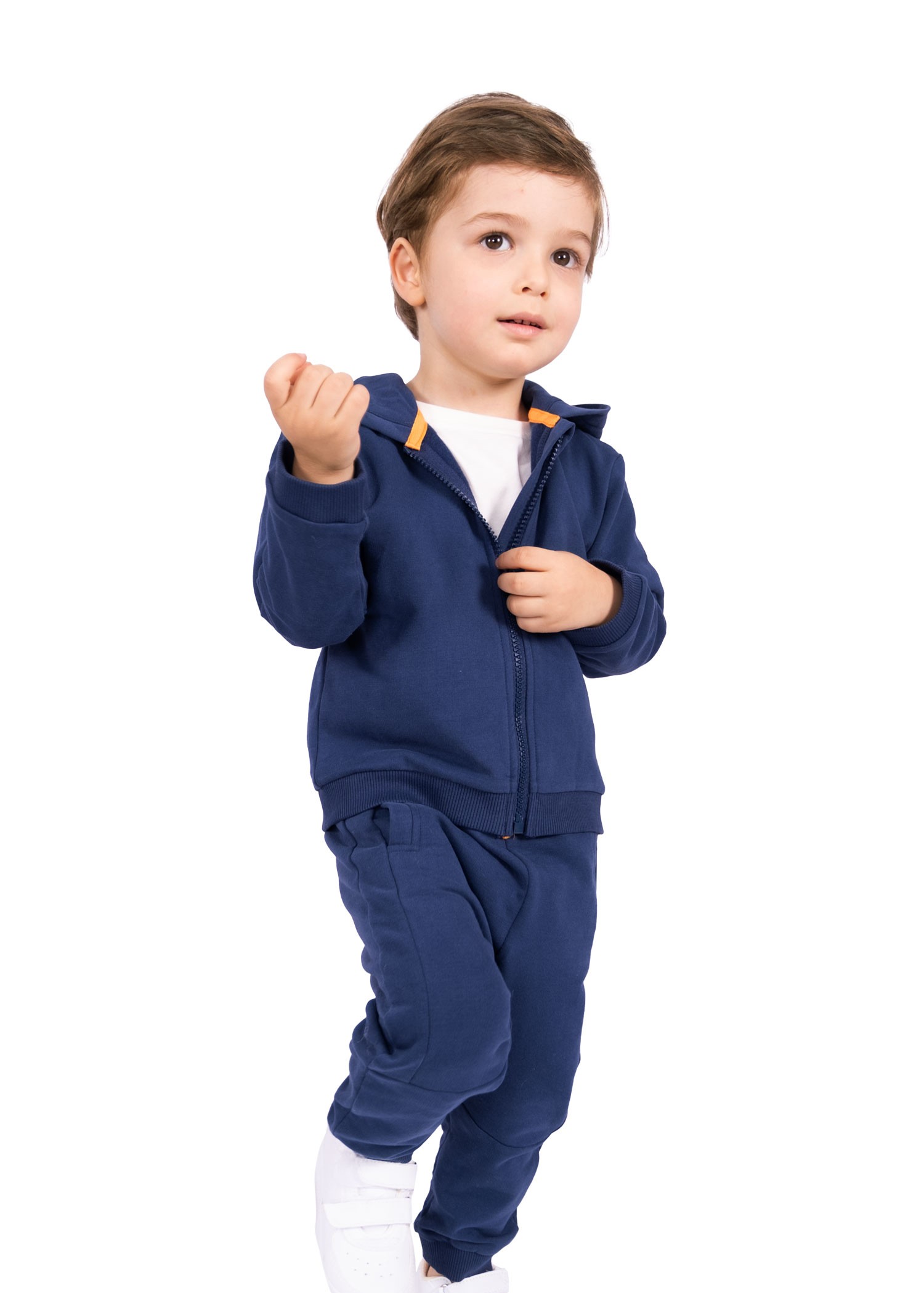 Hooded Zippered Navy Blue Winter Little Men's Tracksuit Set