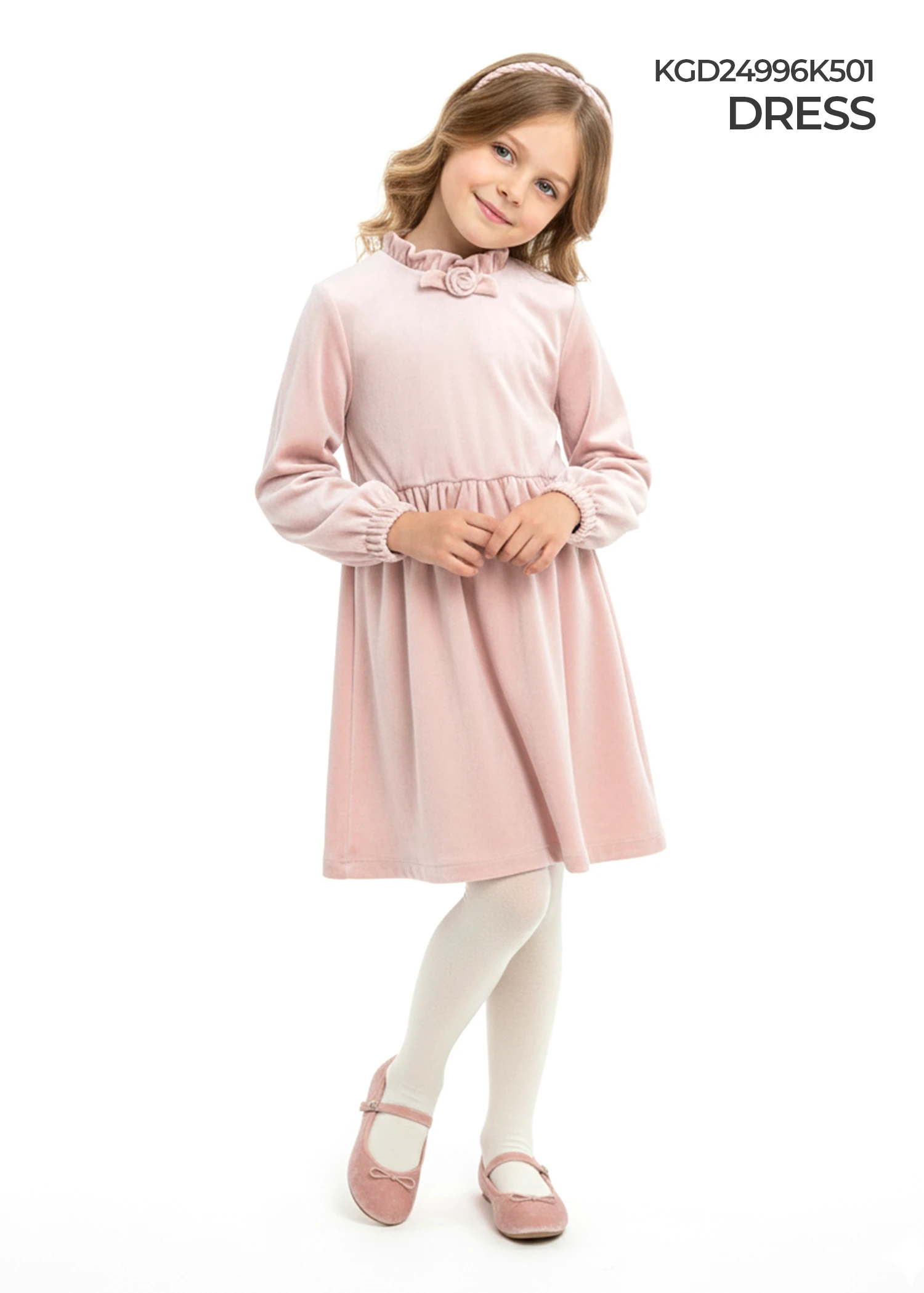 Powder Pink Soft Velvet Girl's Dress with Half Throat