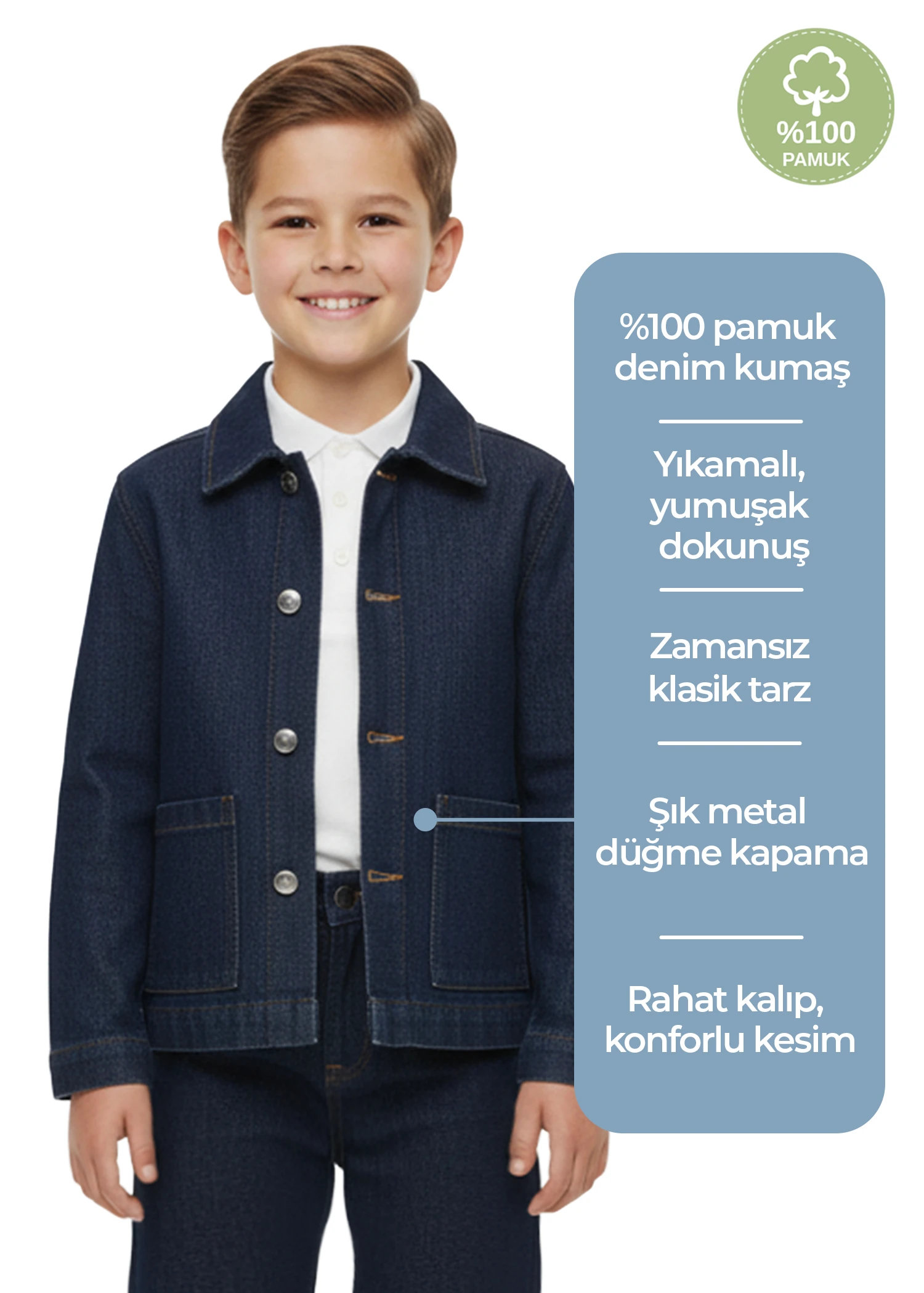 %100 Pamuk Mavi Denim Baharlık Erkek Çocuk Ceket