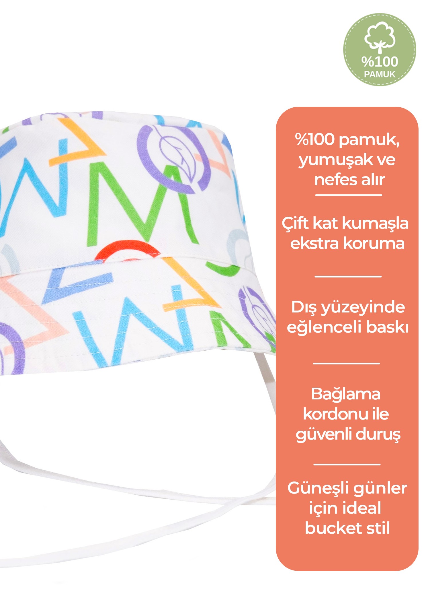 %100 Pamuk Logo Desenli Beyaz Yazlık Unisex Çocuk Bucket Şapka