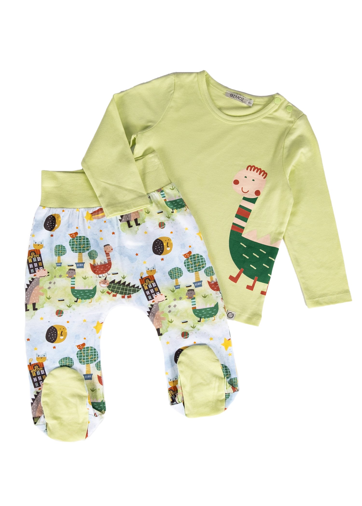 Green Spring Coat Unisex Baby Set with Organic Dino Printed Booties