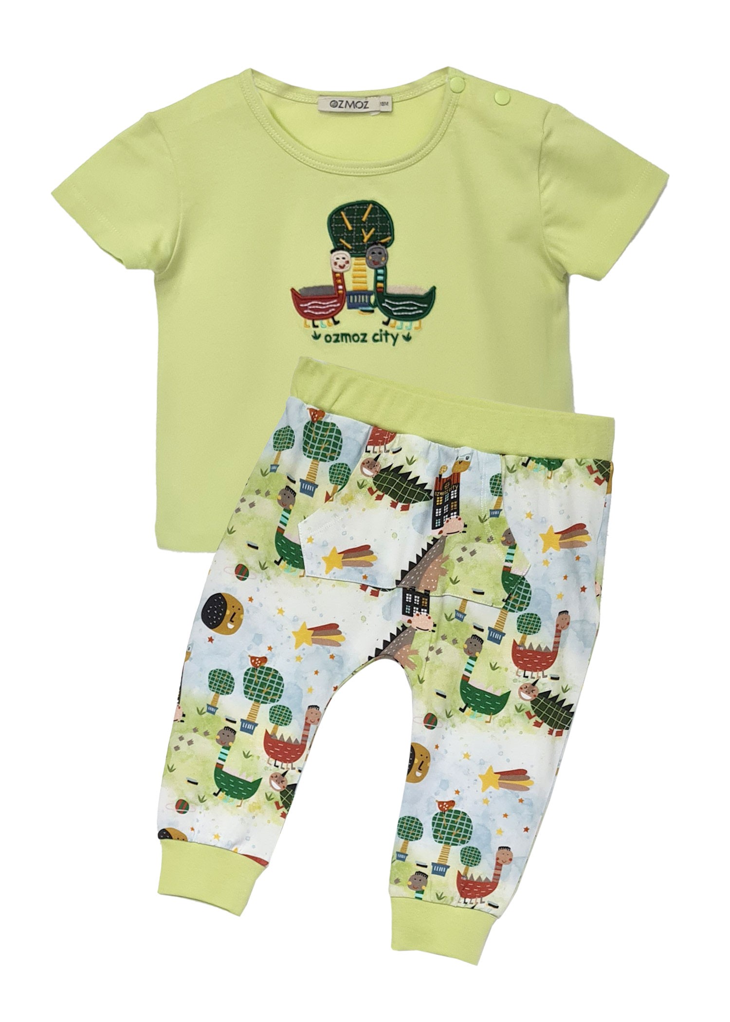 Organic Dino Embroidered Green Summer Baby Girl Set Without Booties