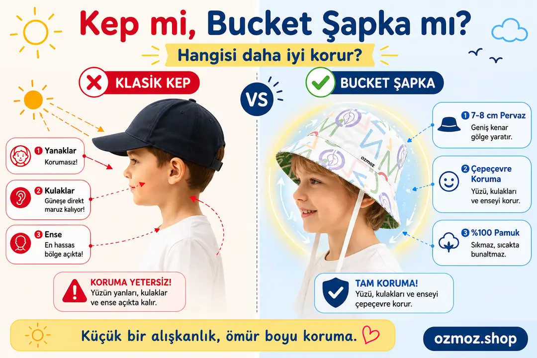 Çocuğunuzun kafa, kulaklar, boyun ve yüzünü komple koruyan şapkayı seçin.