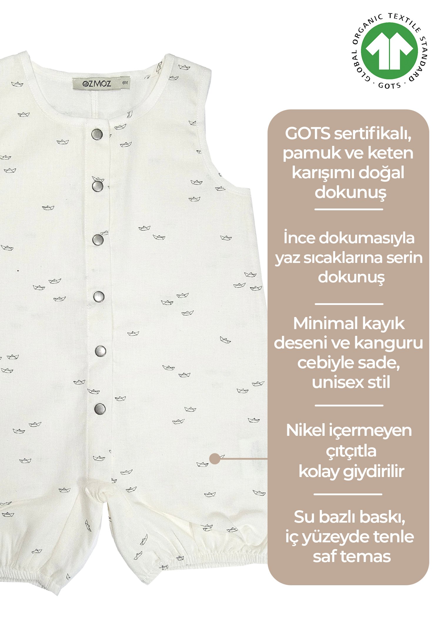 Organik Pamuk Keten Kolsuz Yazlık Erkek Bebek Şort Tulum
