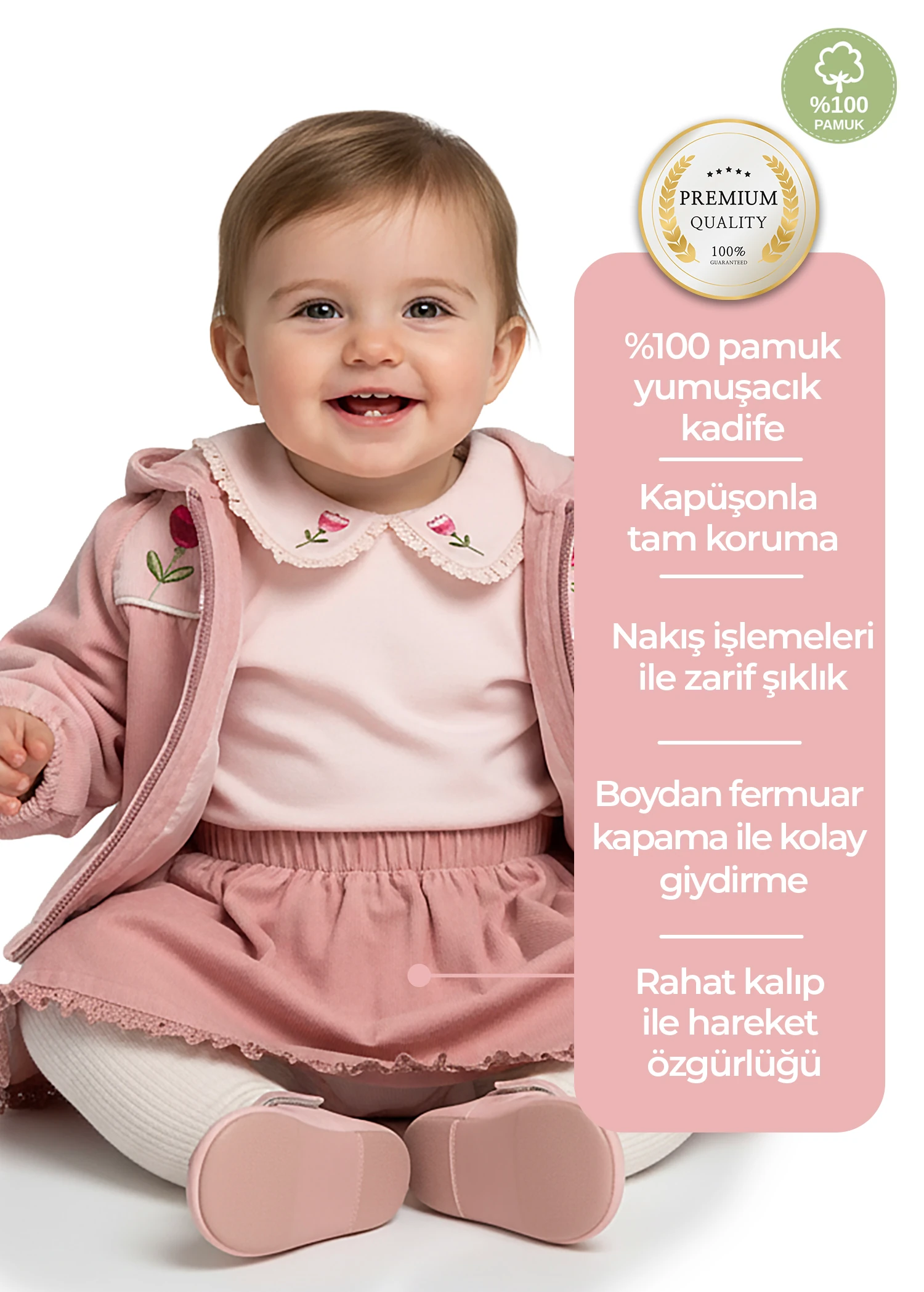 Kadife Nakışlı Kapüşonlu Pembe Kışlık Kız Bebek Ceket