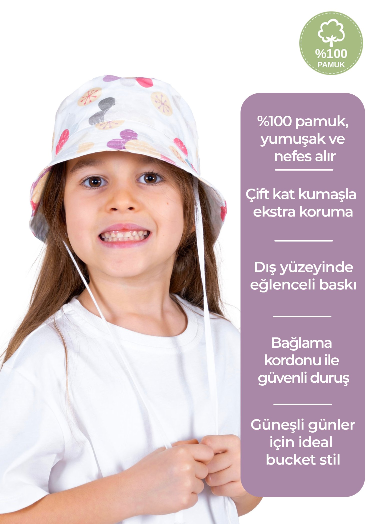 %100 Pamuk Çiçekli Yazlık Kız Çocuk Bucket Şapka