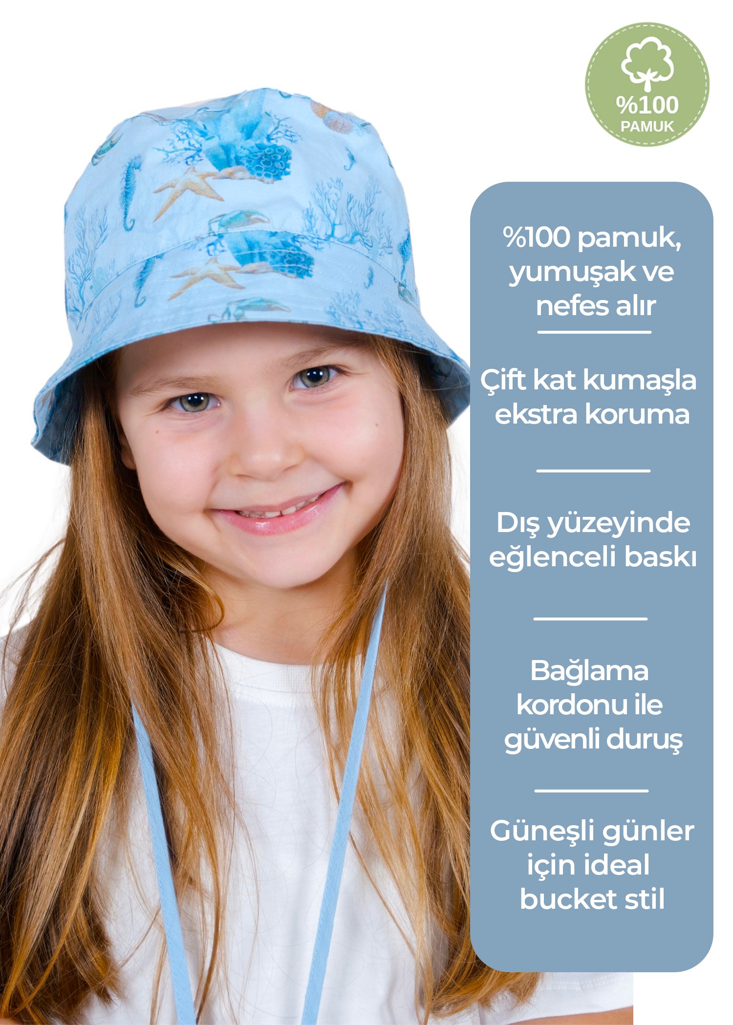 %100 Pamuk Okyanus Temalı Mavi Yazlık Unisex Çocuk Bucket Şapka