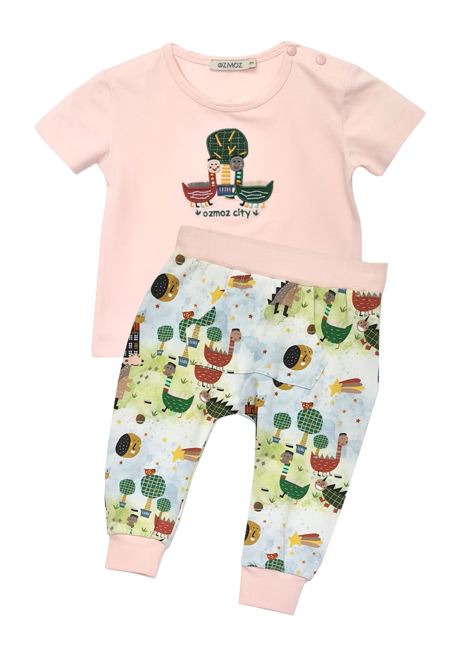 Organic Dino Embroidered Pink Summer Baby Girl Set Without Booties