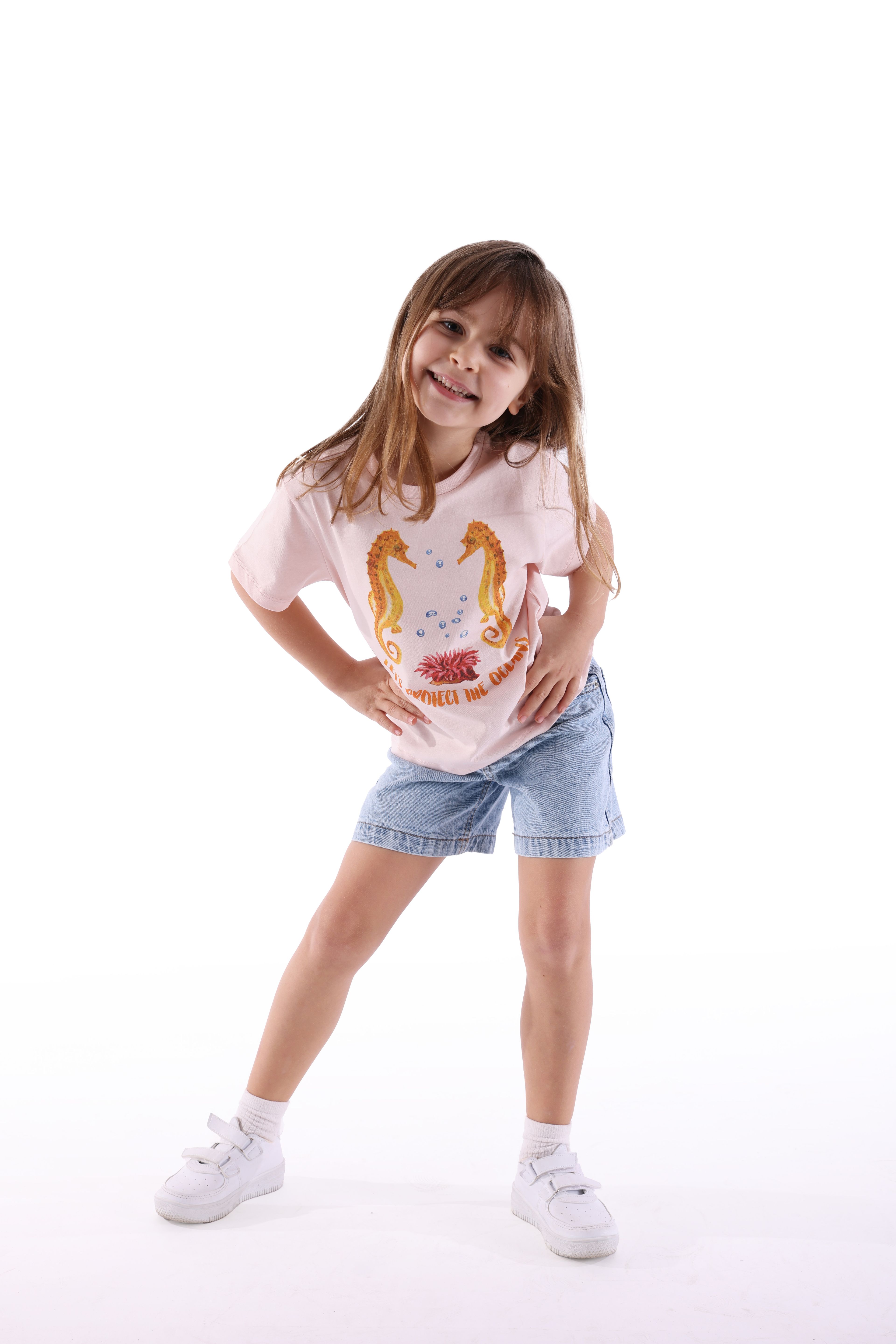 Organik Pembe Baskılı Yazlık Kız Çocuk Tshirt