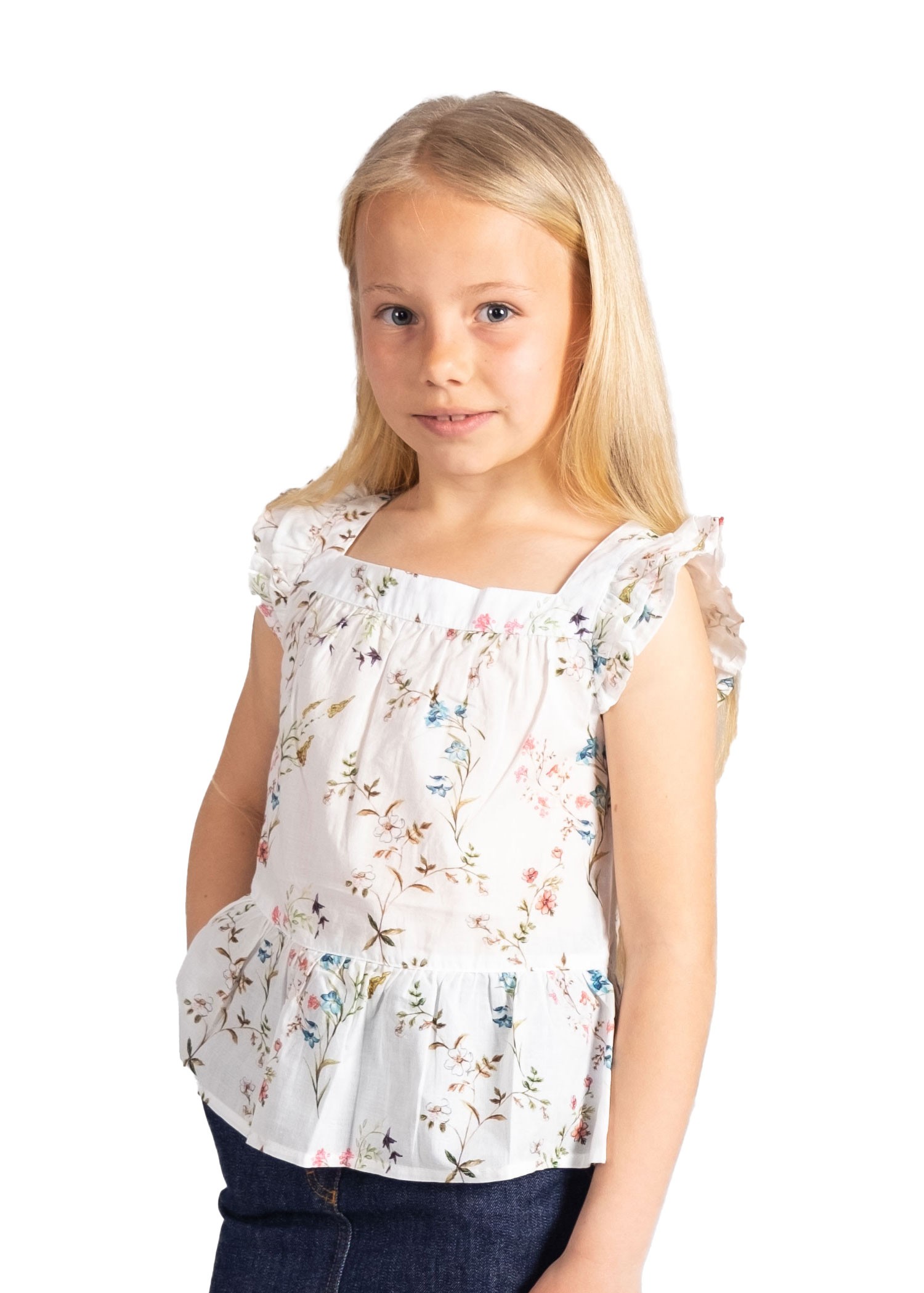 Floral Patterned Frilled Ecru Summer Little Girl's Blouse