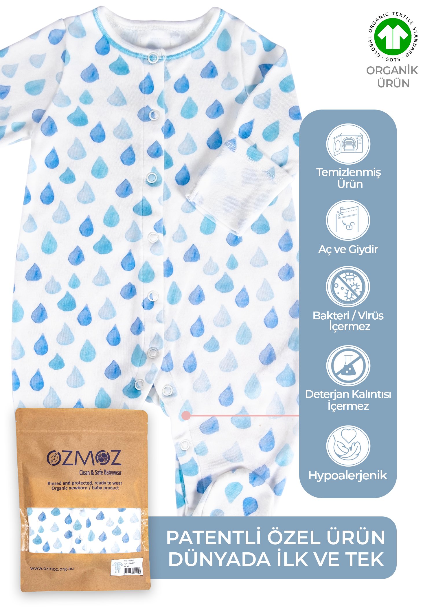 Clean&Safe Organik Steril Temizlenmiş Erkek Bebek Patikli Tulum