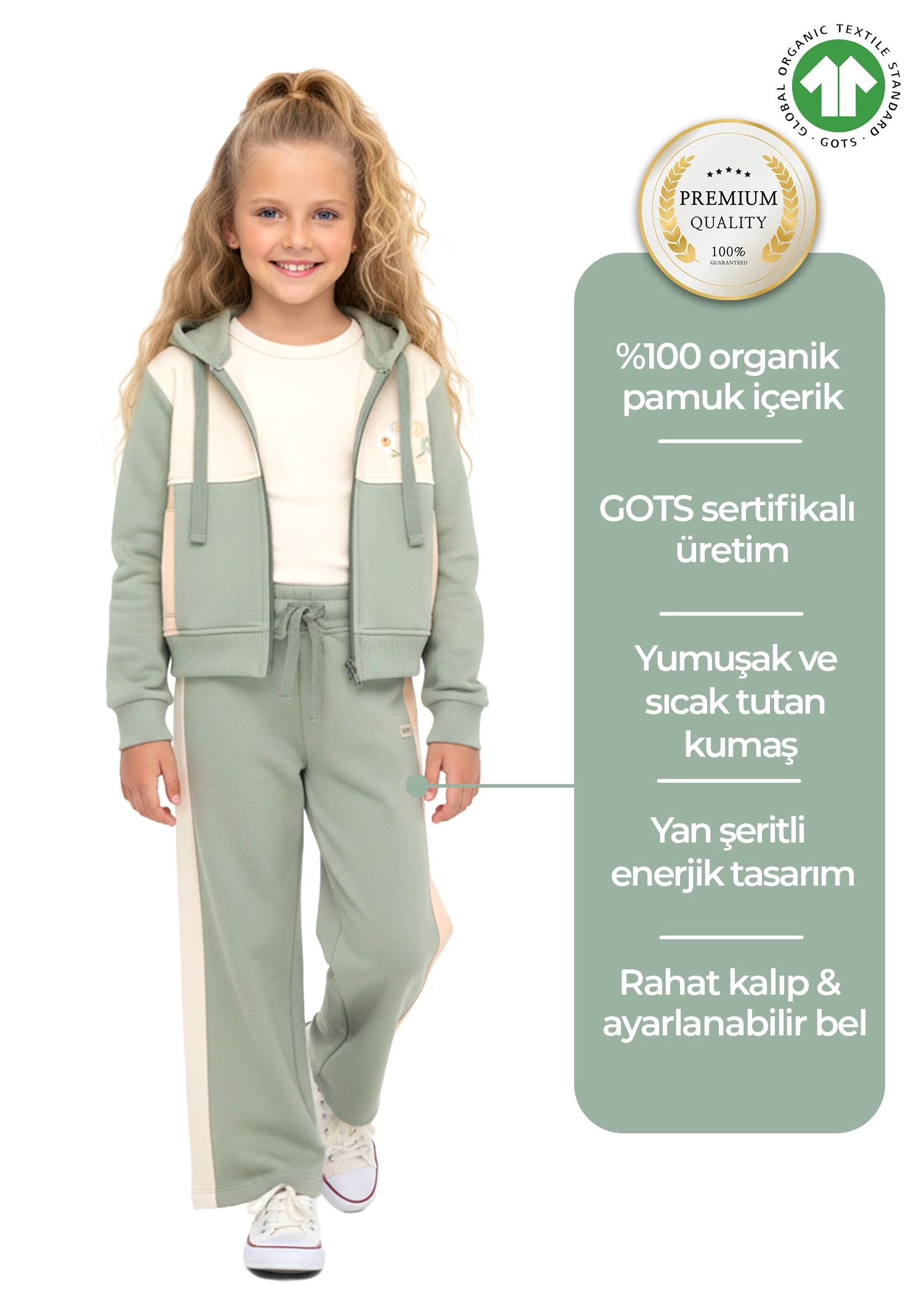 Organik Yanı Şeritli Yeşil Kışlık Kız Çocuk Eşofman Altı