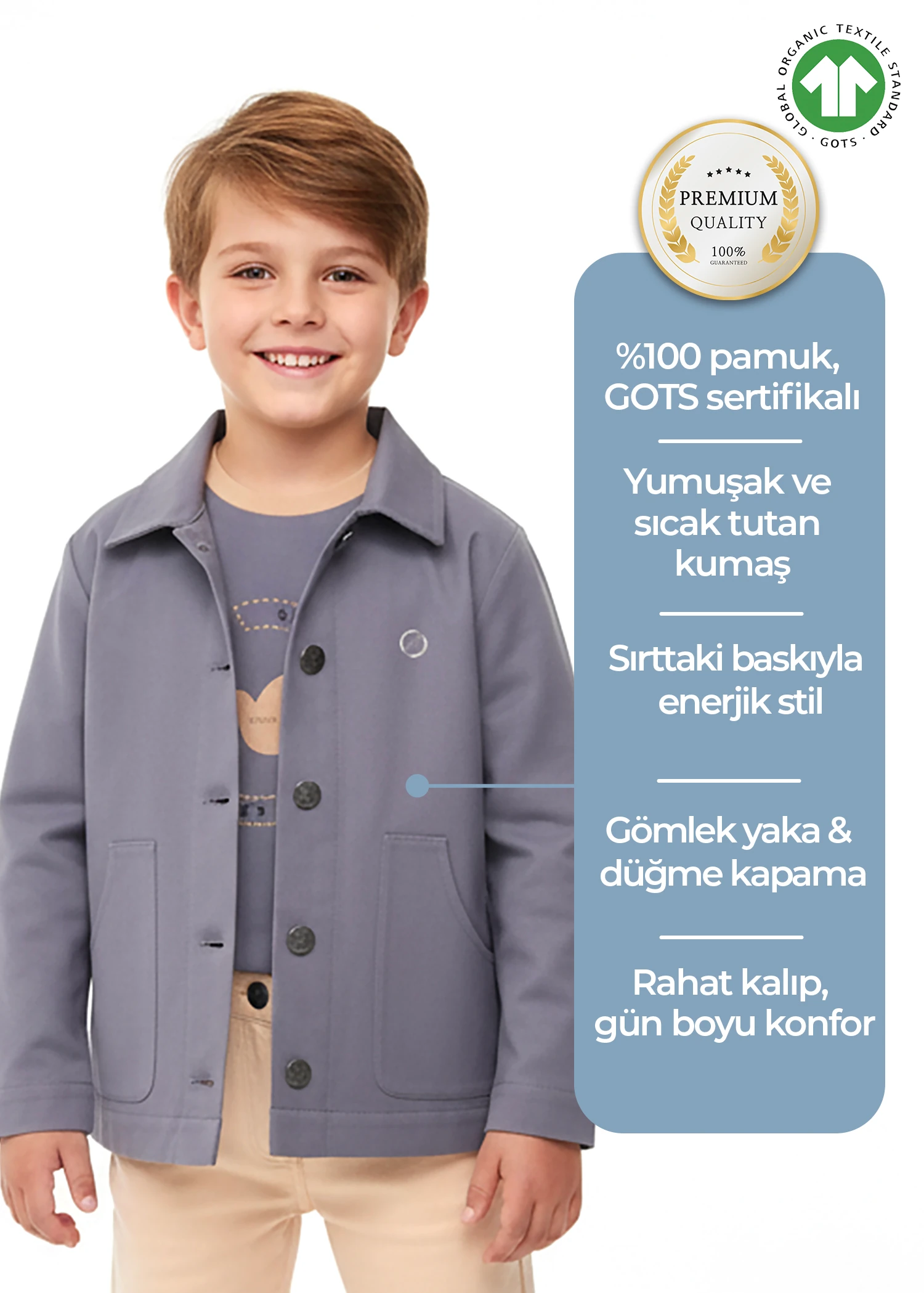 Organik Sırtı Baskılı Koyu Mavi Kışlık Erkek Çocuk Ceket