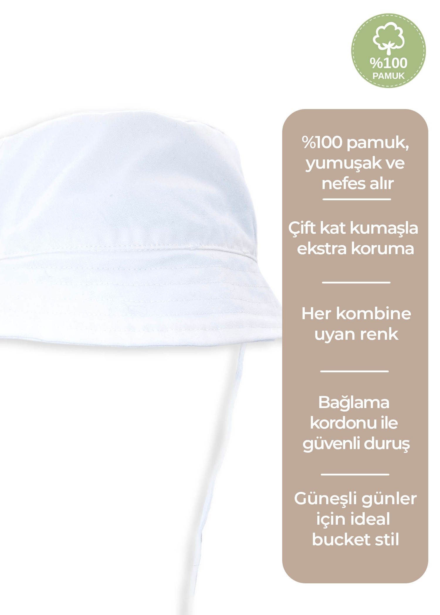 %100 Pamuk Beyaz Yazlık Unisex Çocuk Bucket Şapka