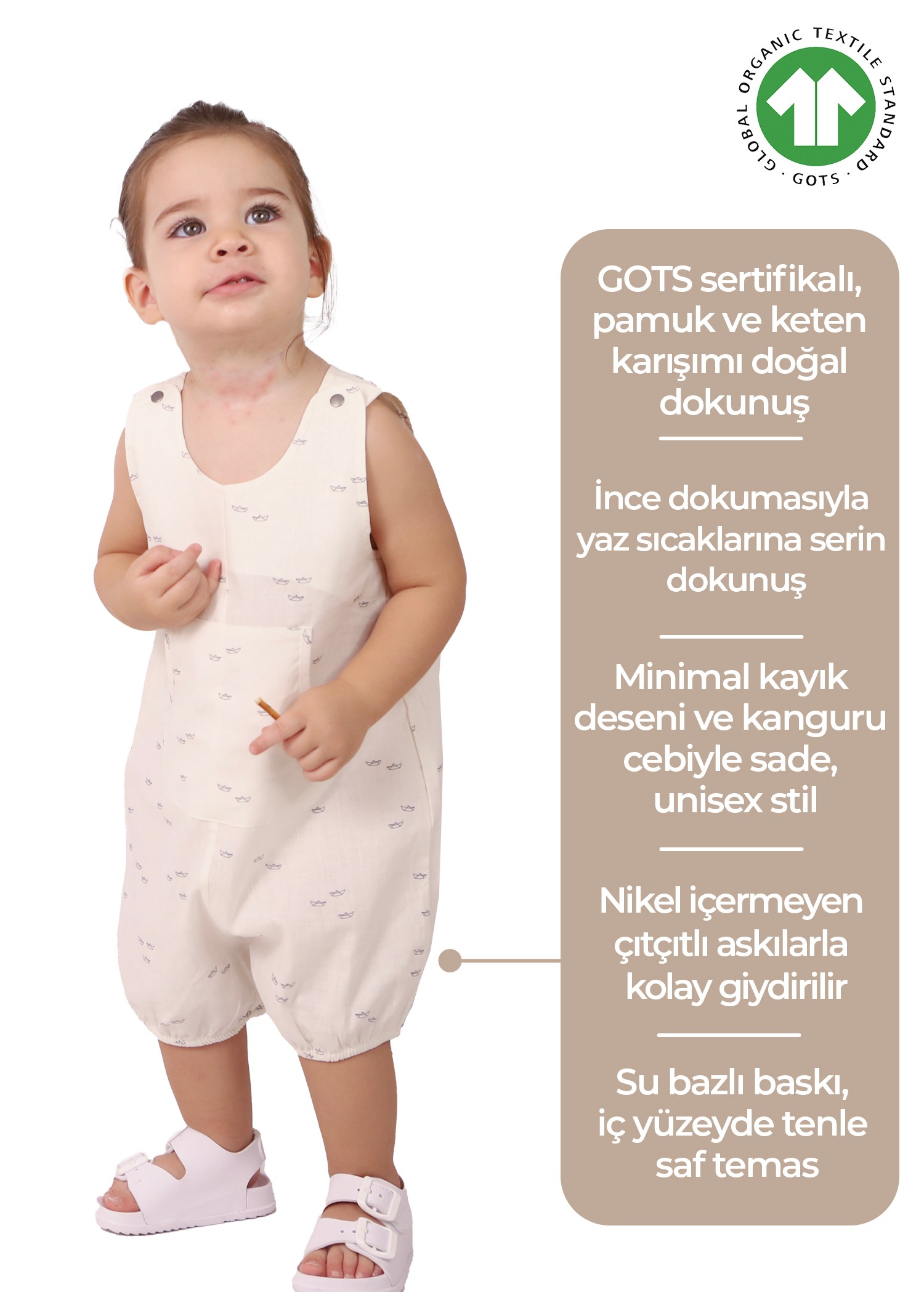 Organik Pamuk Keten Askılı Yazlık Unisex Bebek Şort Tulum