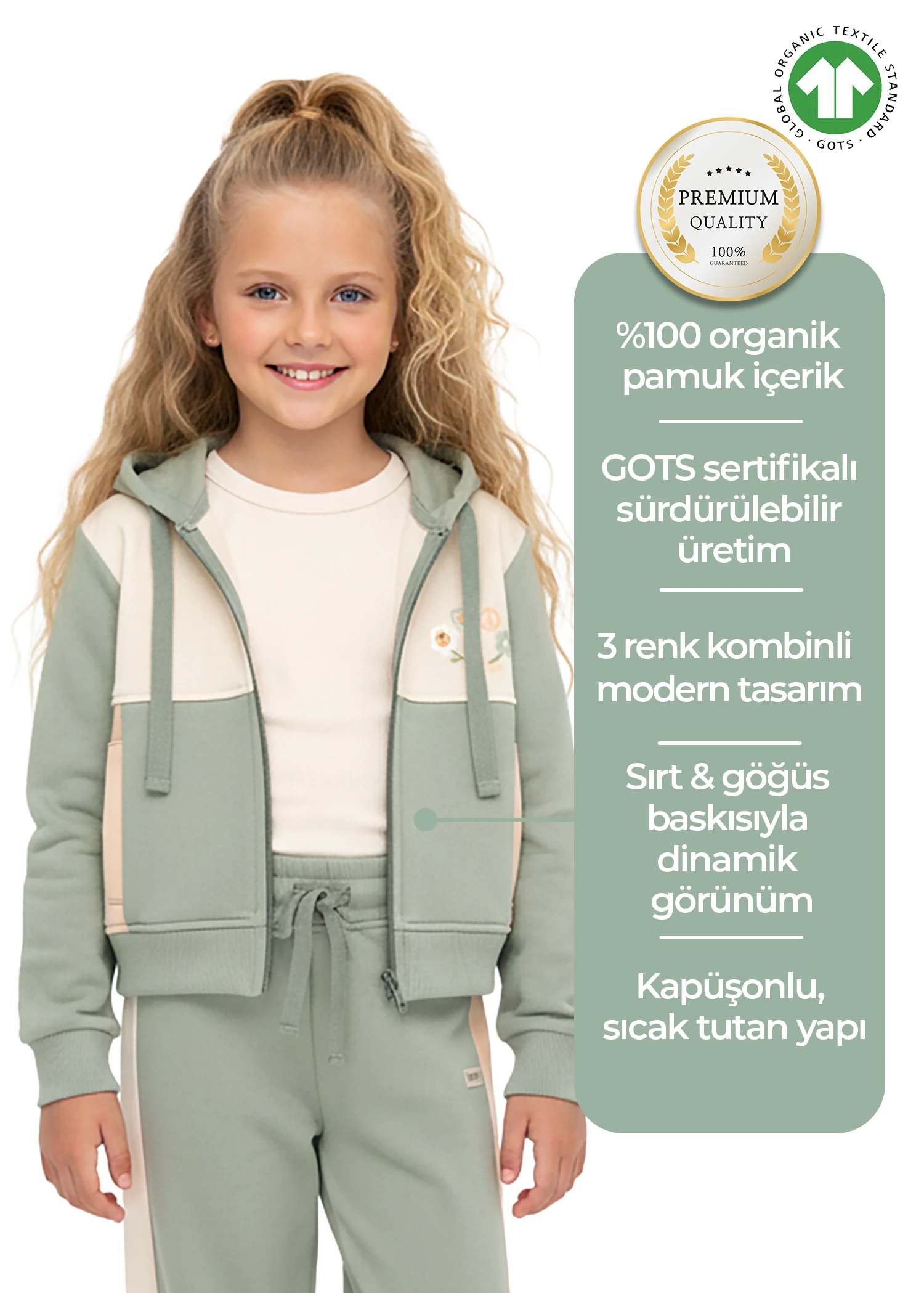 Organik Kapüşonlu Baskılı Yeşil Kışlık Kız Çocuk Ceket