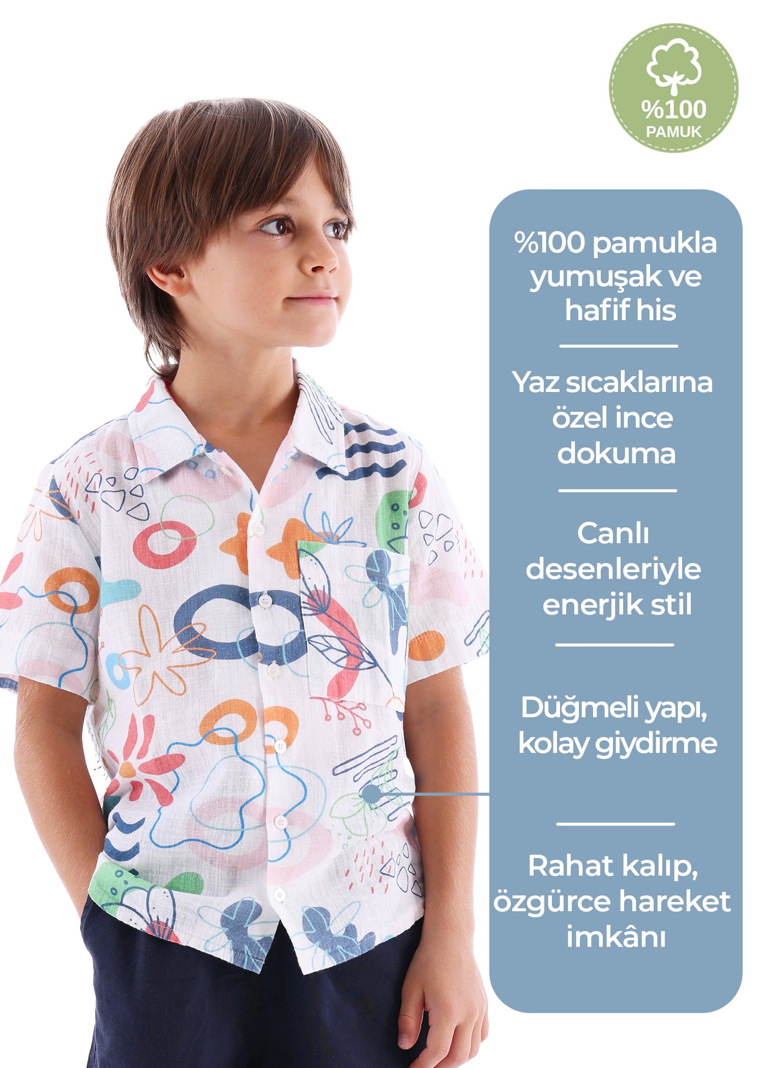 %100 Pamuk Desenli Yazlık Erkek Çocuk Gömlek