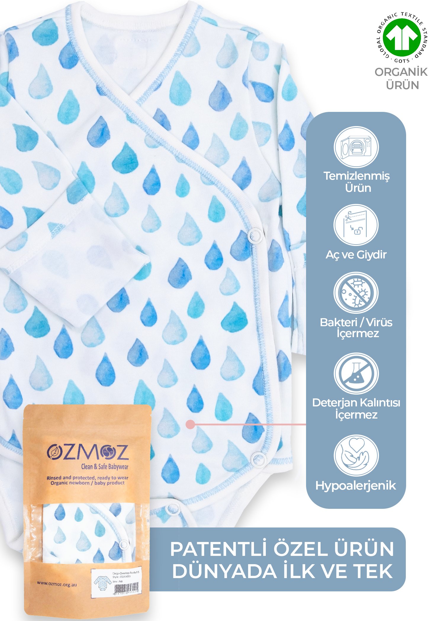 Clean&Safe Organik Steril Temizlenmiş Erkek Bebek Kruvaze Body