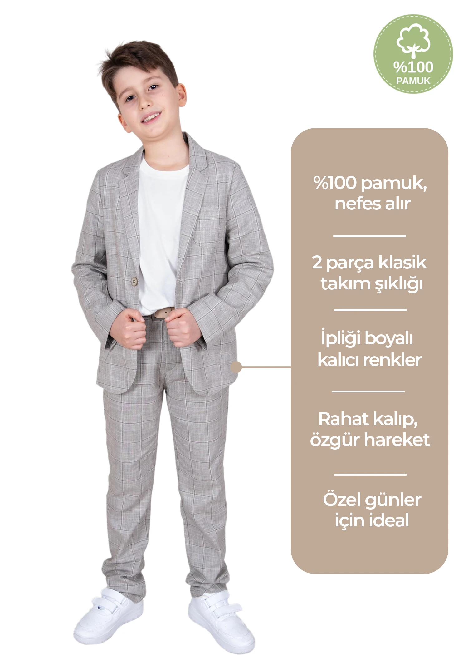 %100 Pamuk Haki Baharlık Klasik Erkek Çocuk Pantolon Ceket Takım