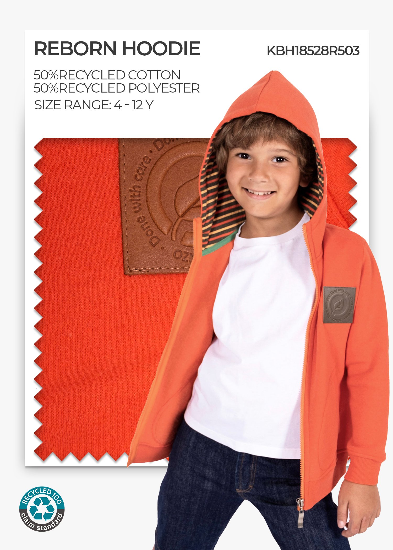 Reborn Boys' Hooded Hoodie Jacket Orange