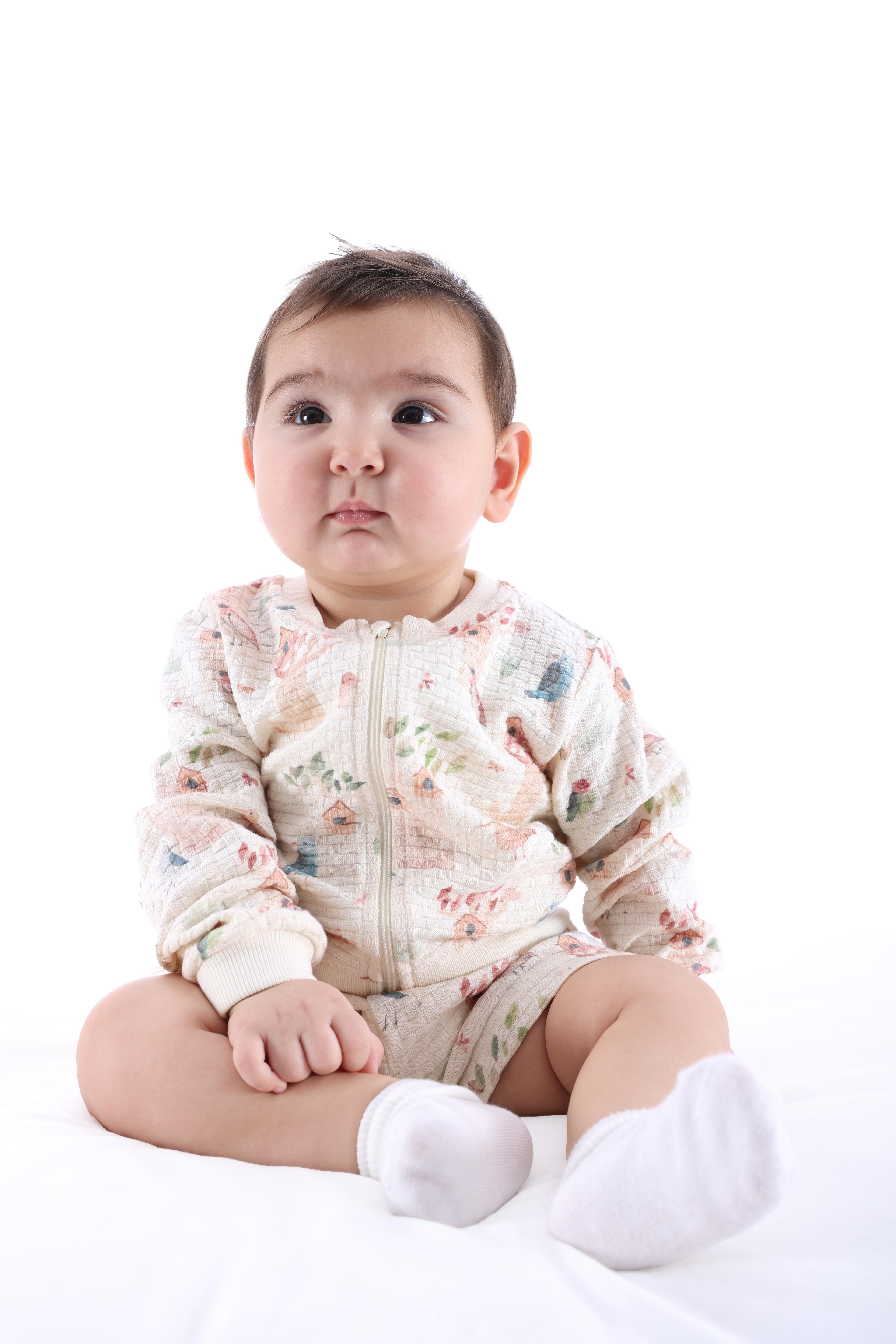 Organik Kuş Desenli Fermuarlı Baharlık Kız Bebek Ceket