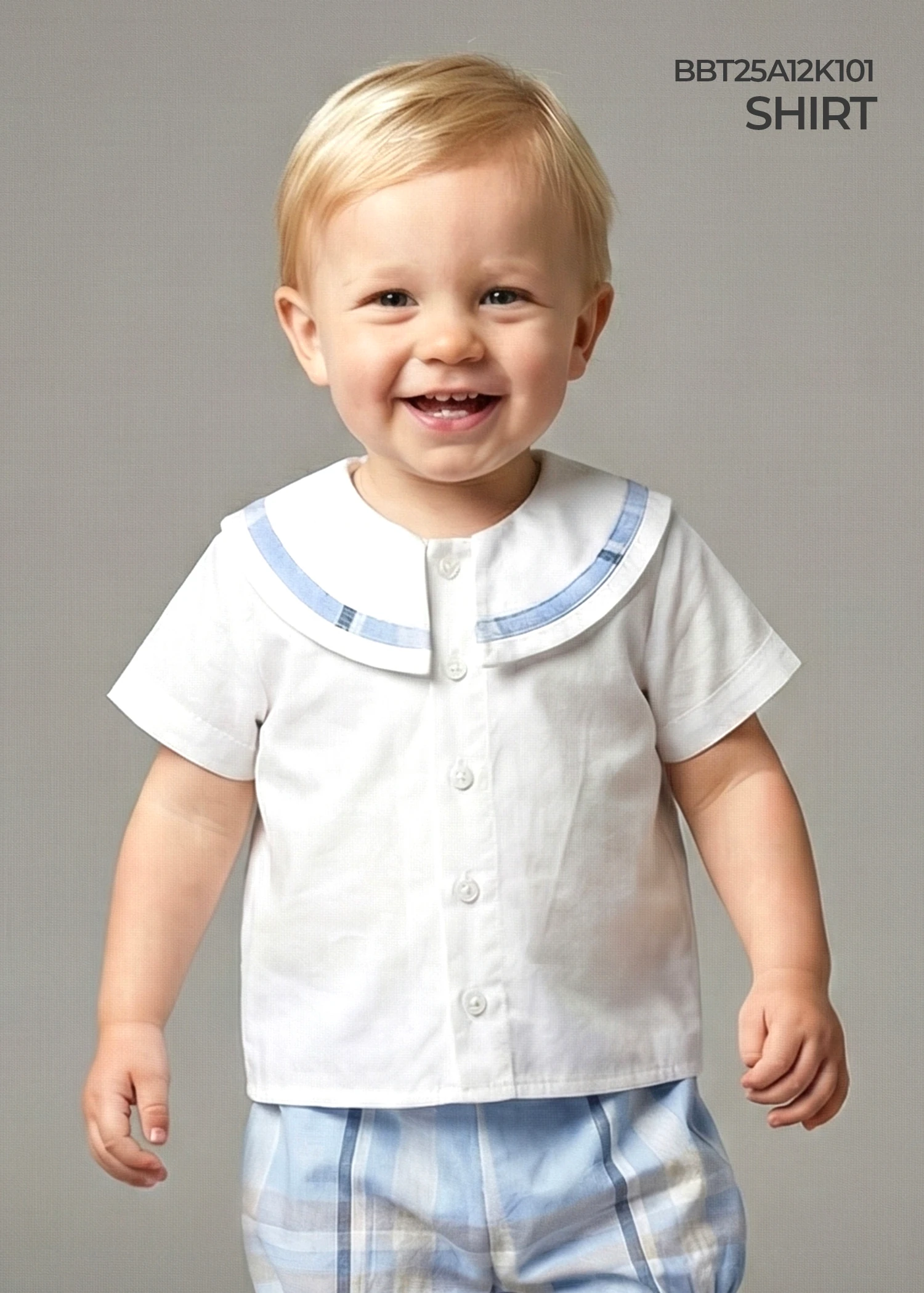 Wide Collar White Woven Summer Baby Boy Shirt