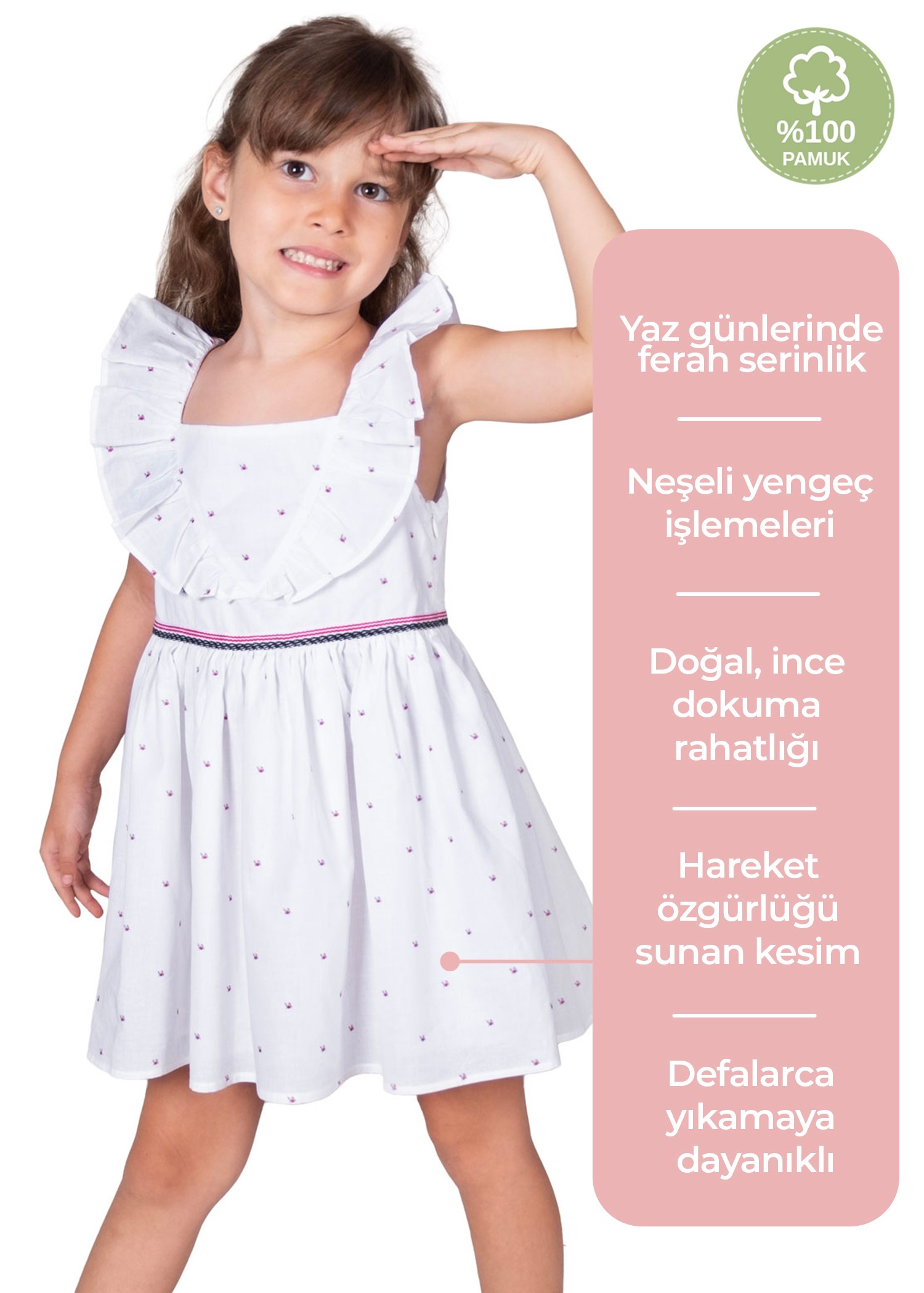 Nakış İşleme Beyaz Volanlı Kolsuz Yazlık Kız Çocuk Elbise