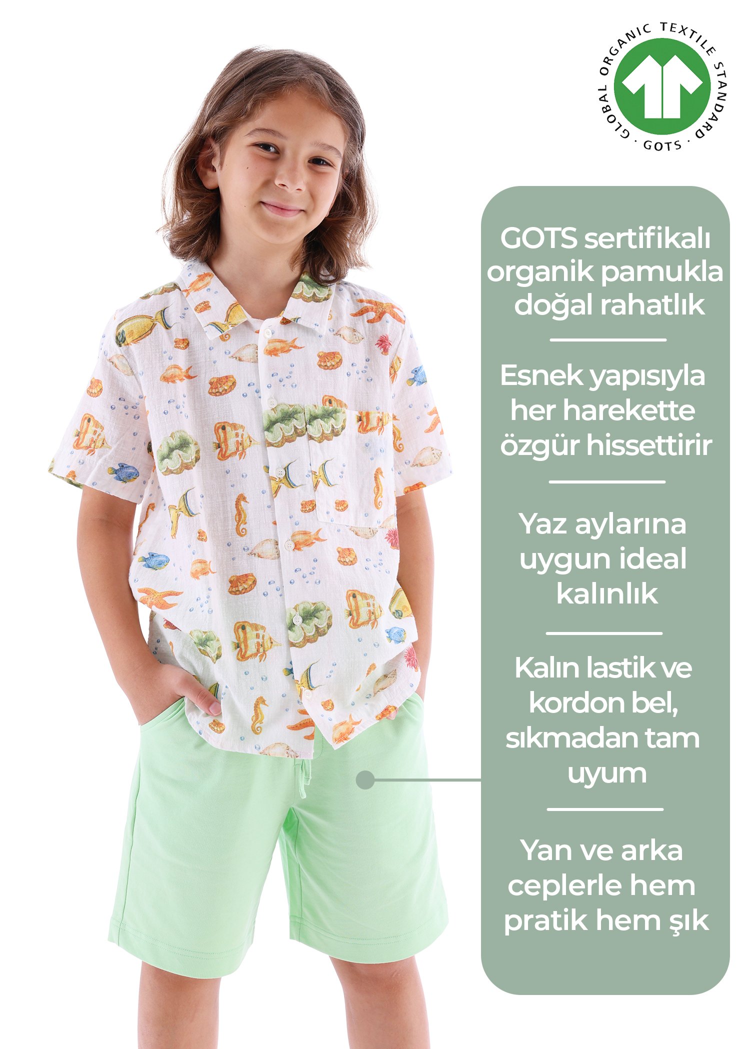 Organik Kumaş Yeşil Yazlık Erkek Çocuk Şort