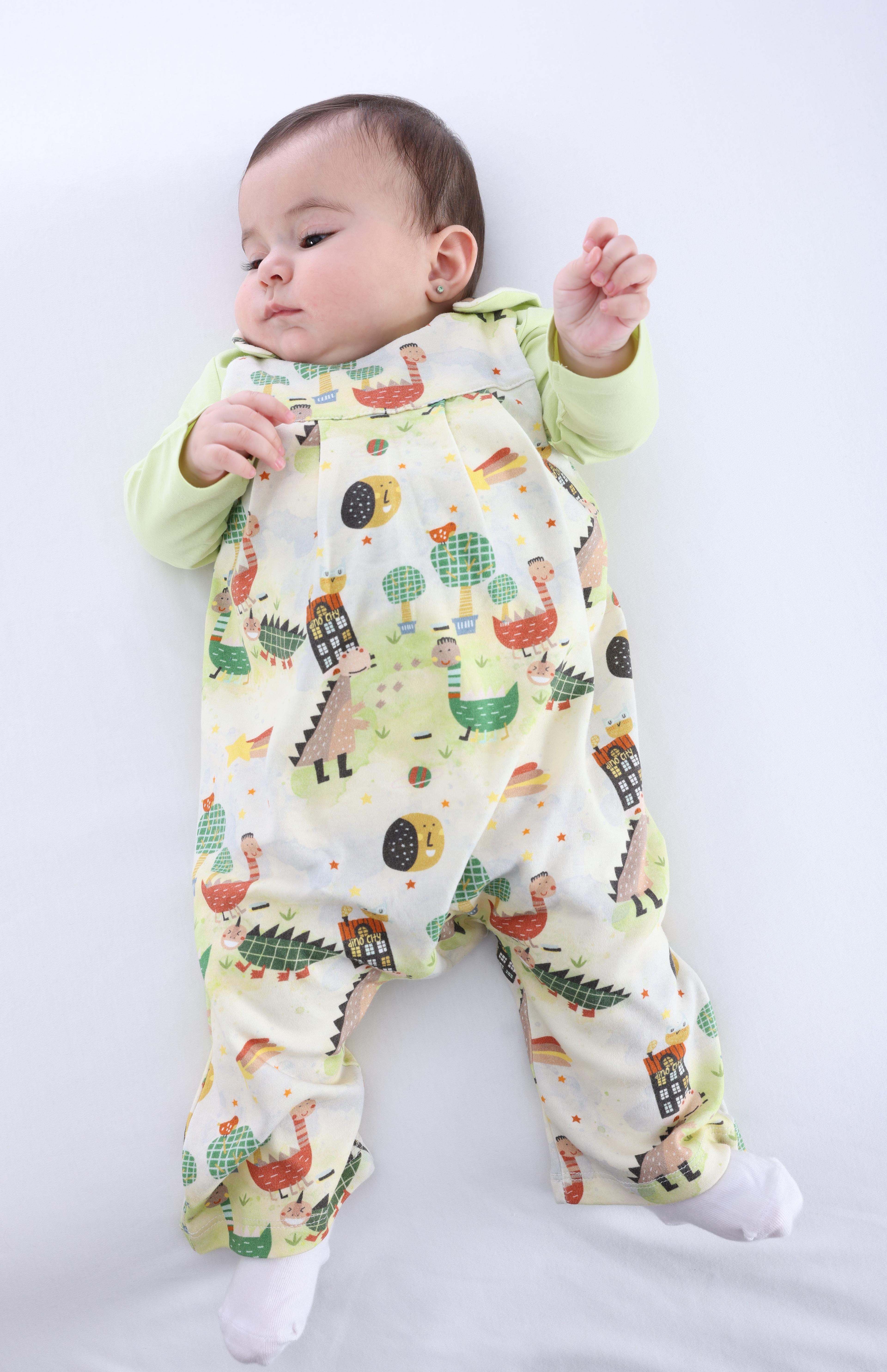 Organic Dino Printed Baby Girl Jumpsuit with Thick Straps