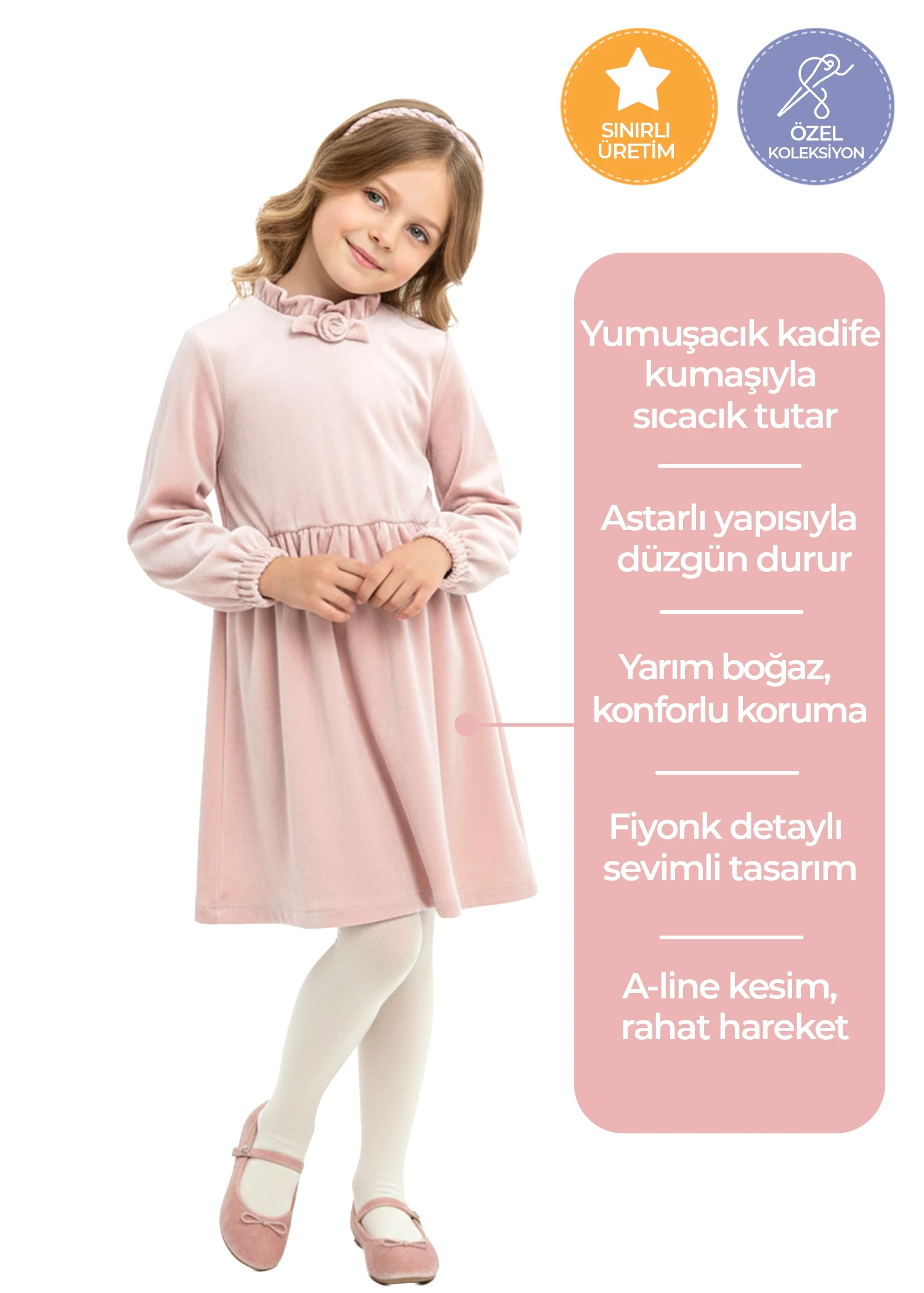 Yarım Boğazlı Yumuşacık Pudra Pembe Kadife Kız Çocuk Elbise