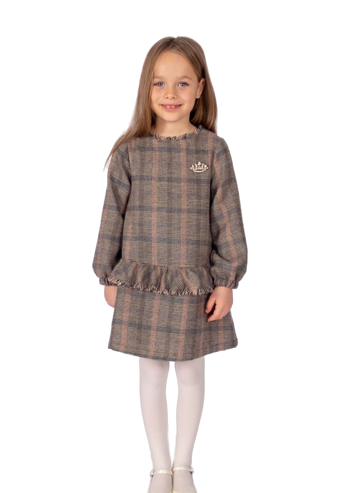 Wool Soft Textured Plaid Fabric Flounce and Lining Winter Girl's Dress