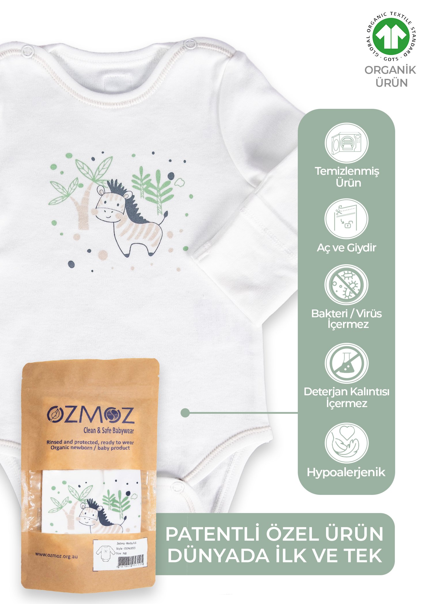 Clean&Safe Organik Steril Temizlenmiş Unisex Bebek Body