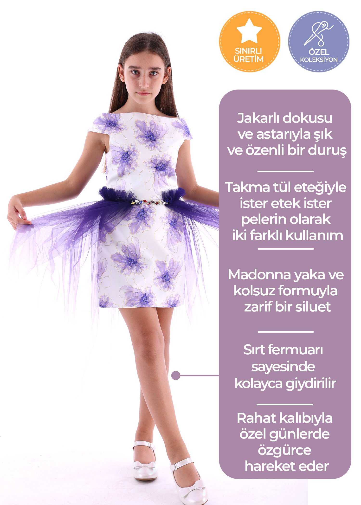 Çiçekli Takma Tül Etekli Mor Kız Çocuk Abiye Elbise
