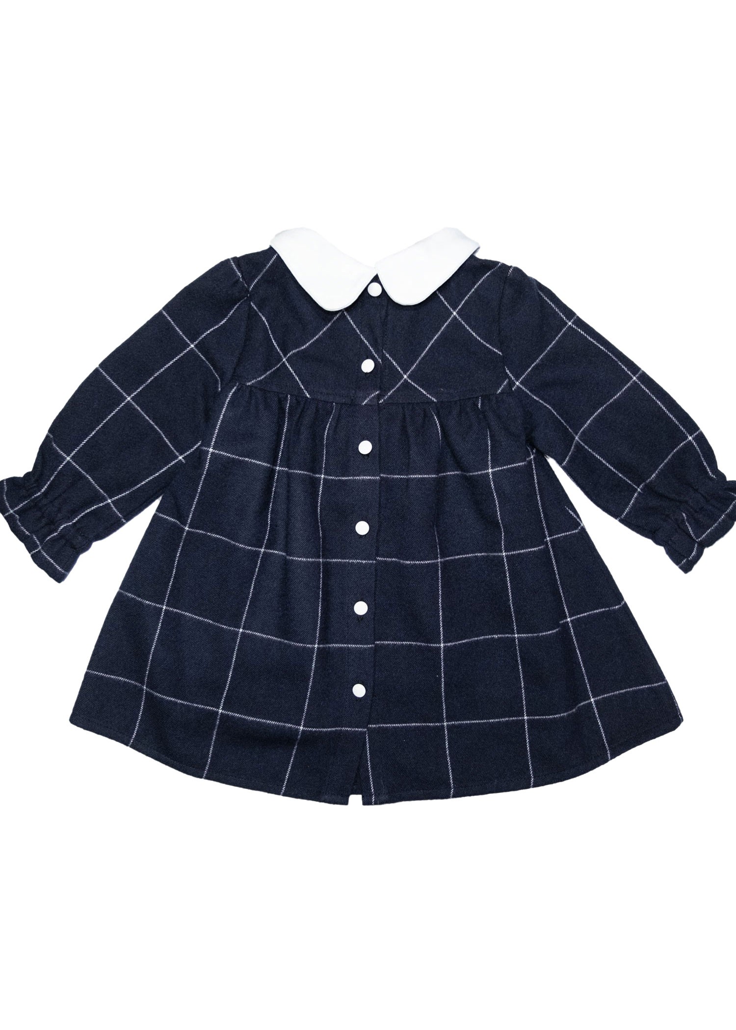 Navy Blue Plaid Winter Baby Girl Dress with Embroidered Collar