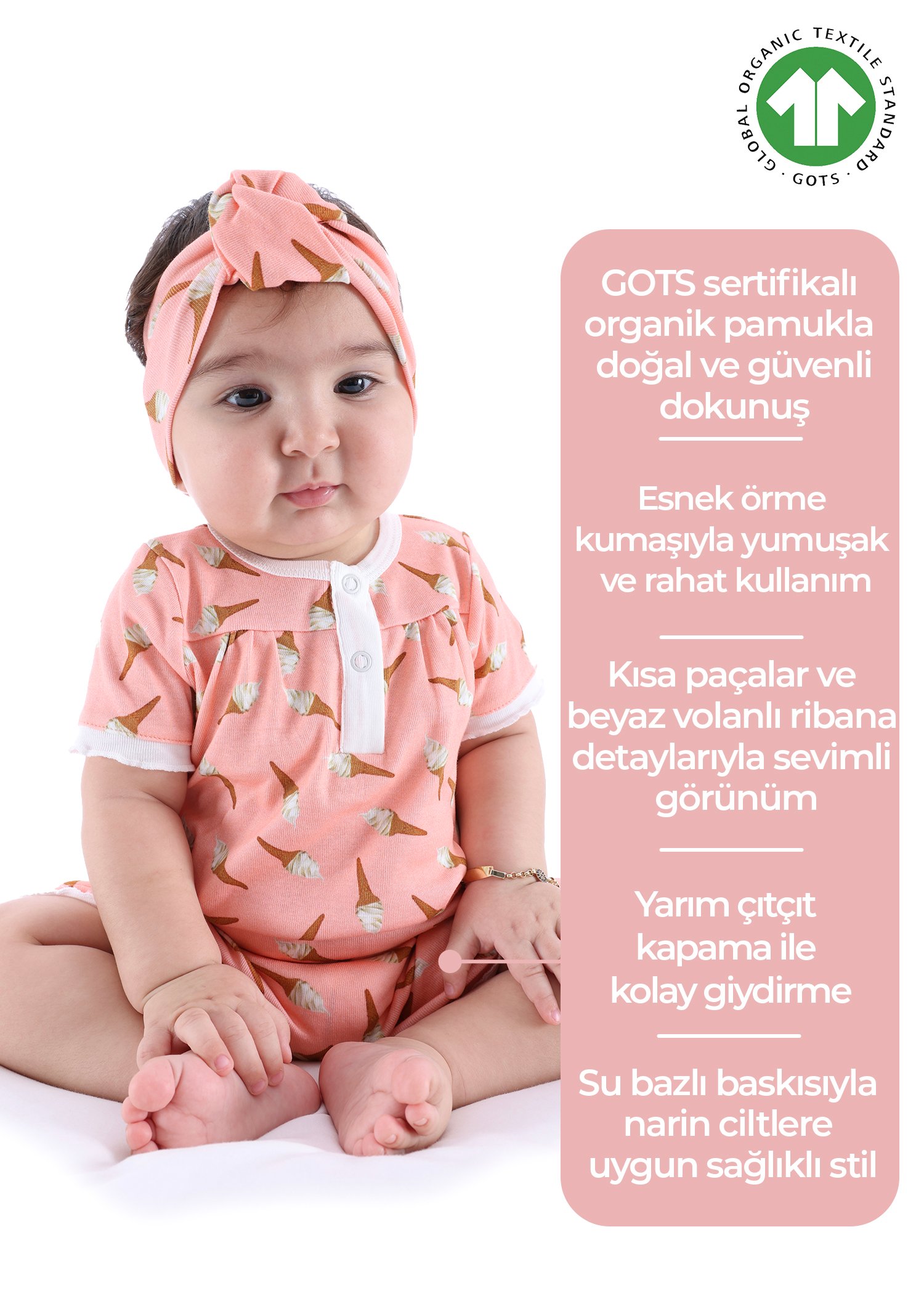 Organik Dondurma Desenli Pembe Kız Bebek Zıbın & Tulum