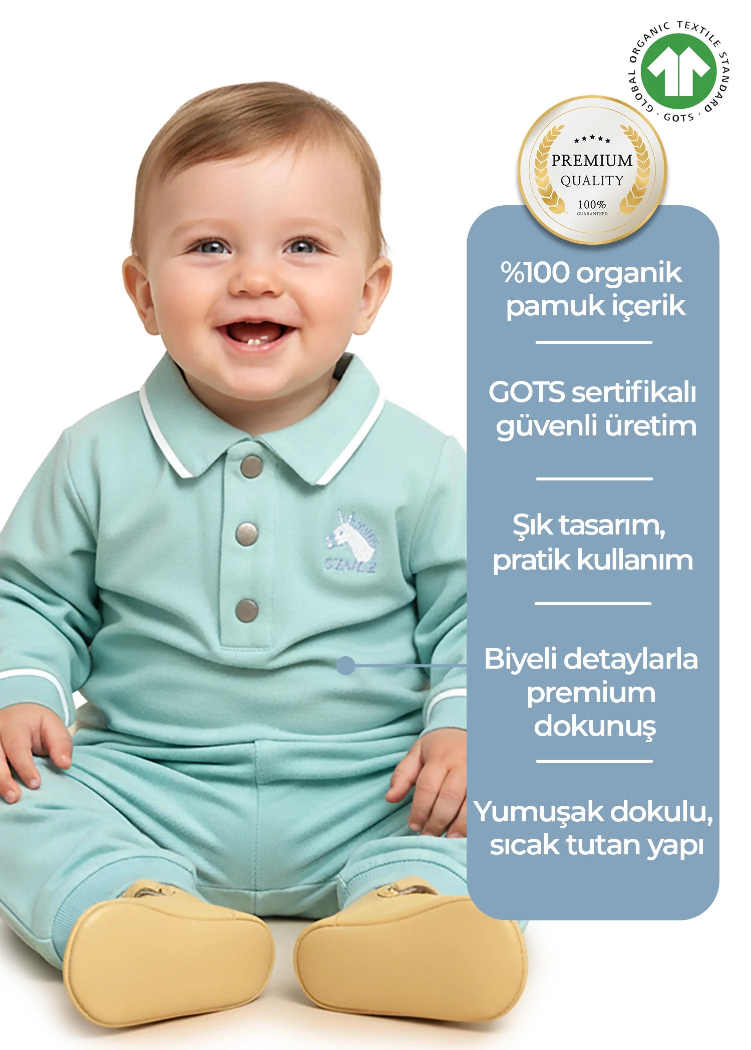 Organik Polo Yaka Turkuaz Kışlık Erkek Bebek Üst