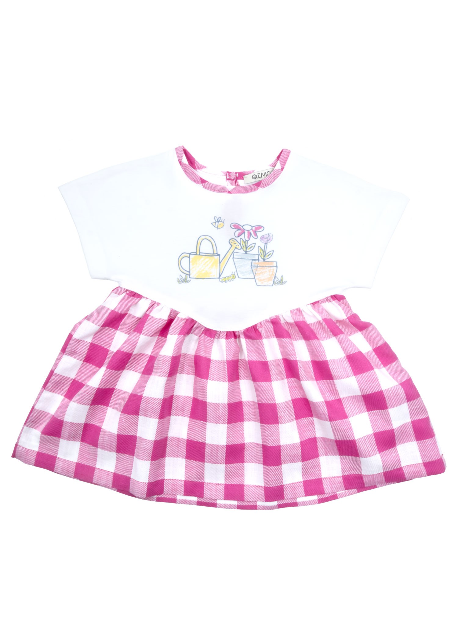 White Summer Baby Girl Dress with Short Sleeve Pink Plaid Skirt