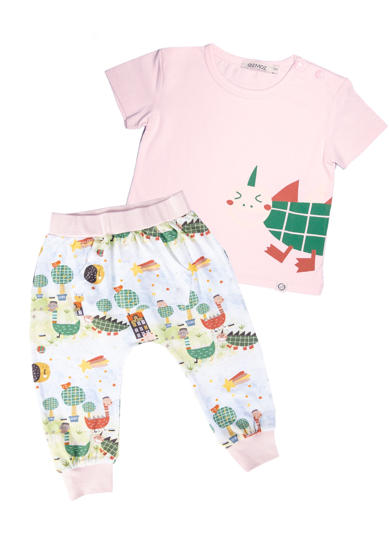 Organic Dino Printed Pink Summer Unisex Baby Set Without Booties