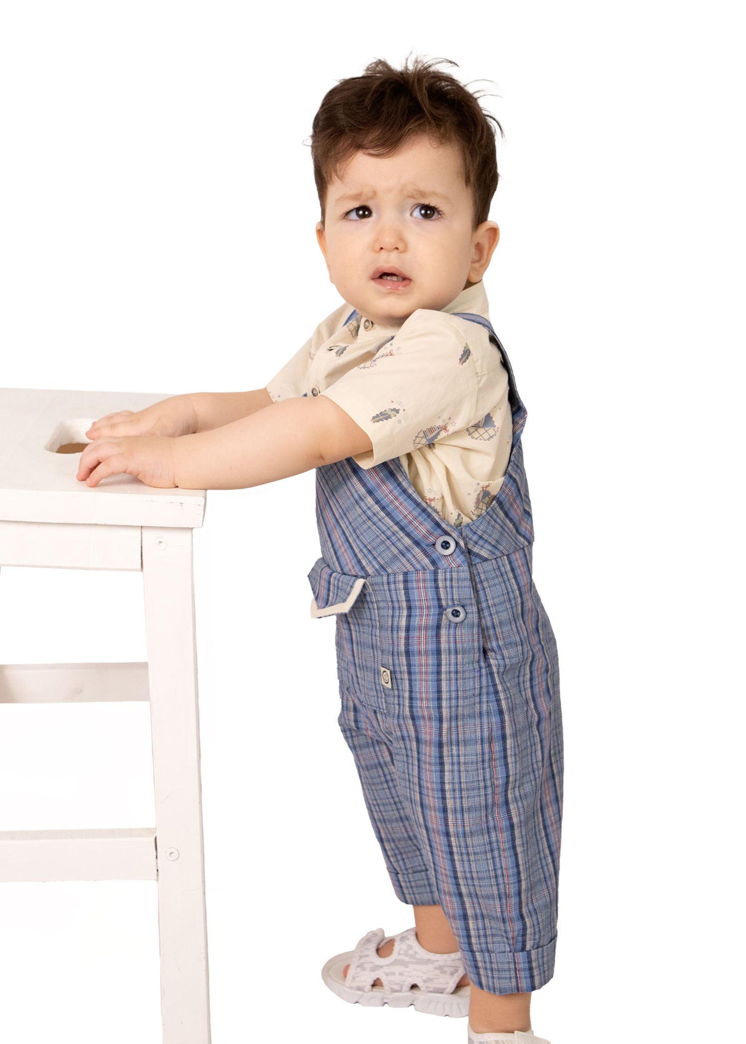100% Cotton Blue Plaid Straps Summer Baby Boy Jumpsuit