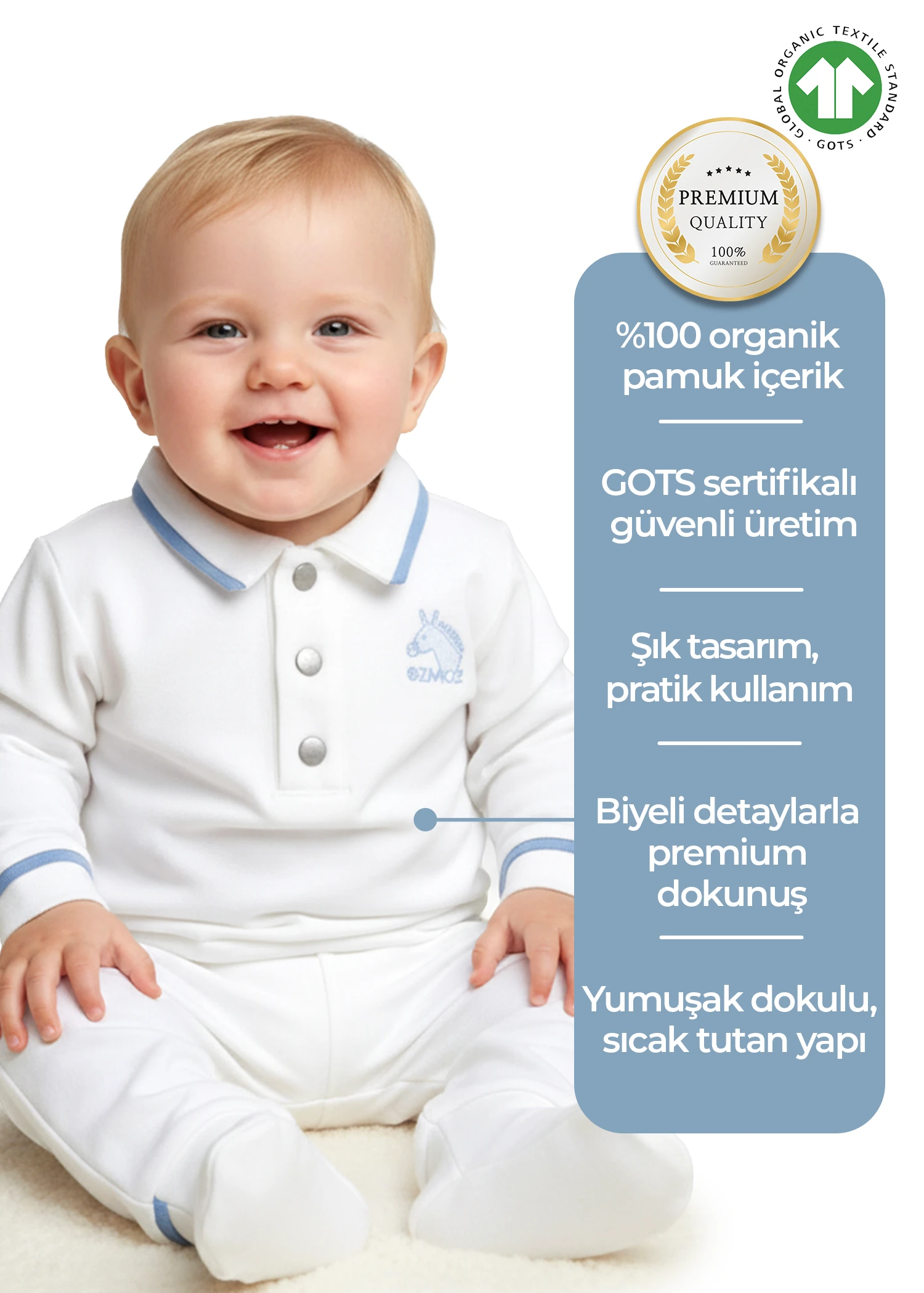 Organik Polo Yaka Beyaz Kışlık Erkek Bebek Üst