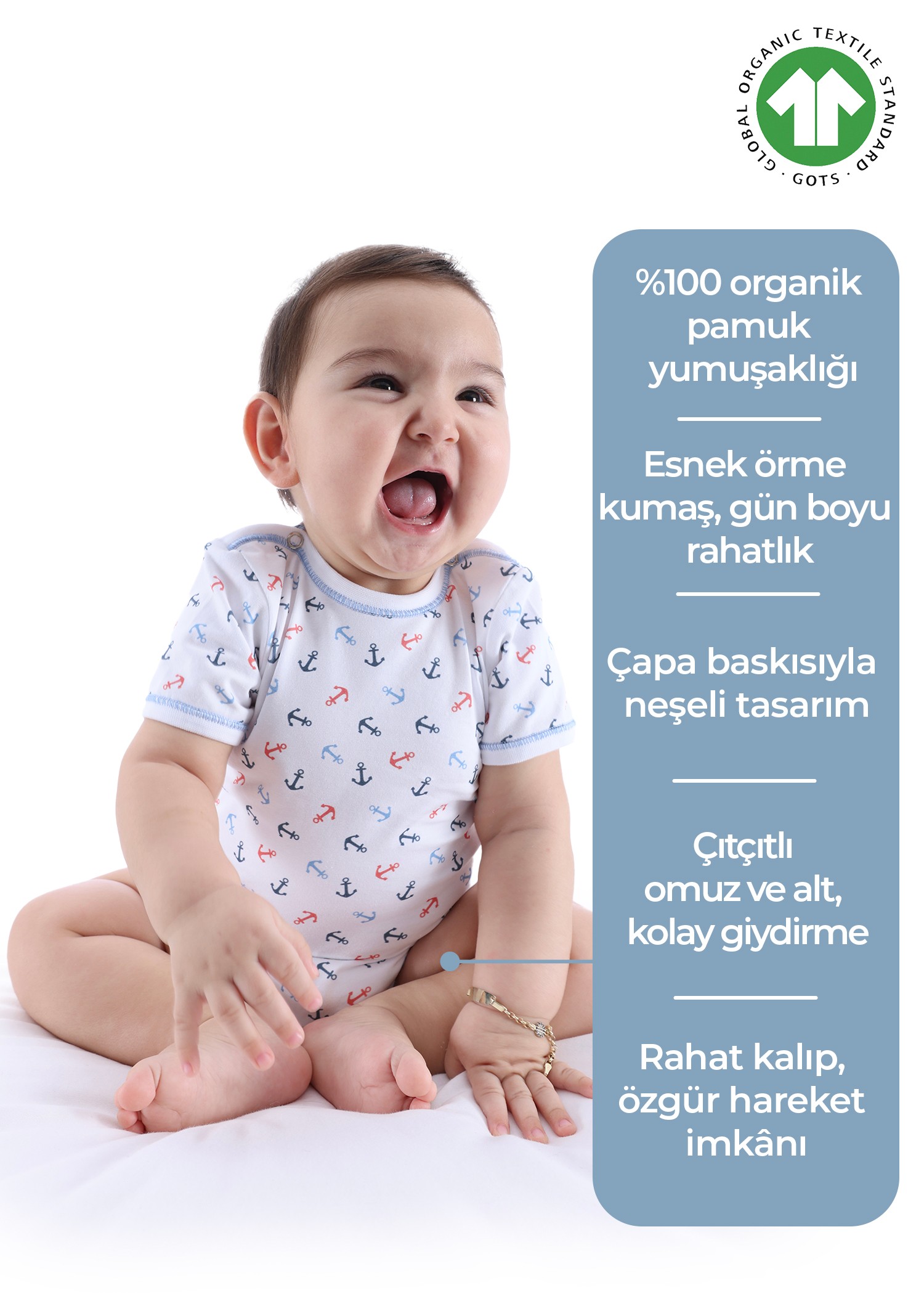 Organik Çapa Desenli Kısa Kollu Erkek Bebek Body