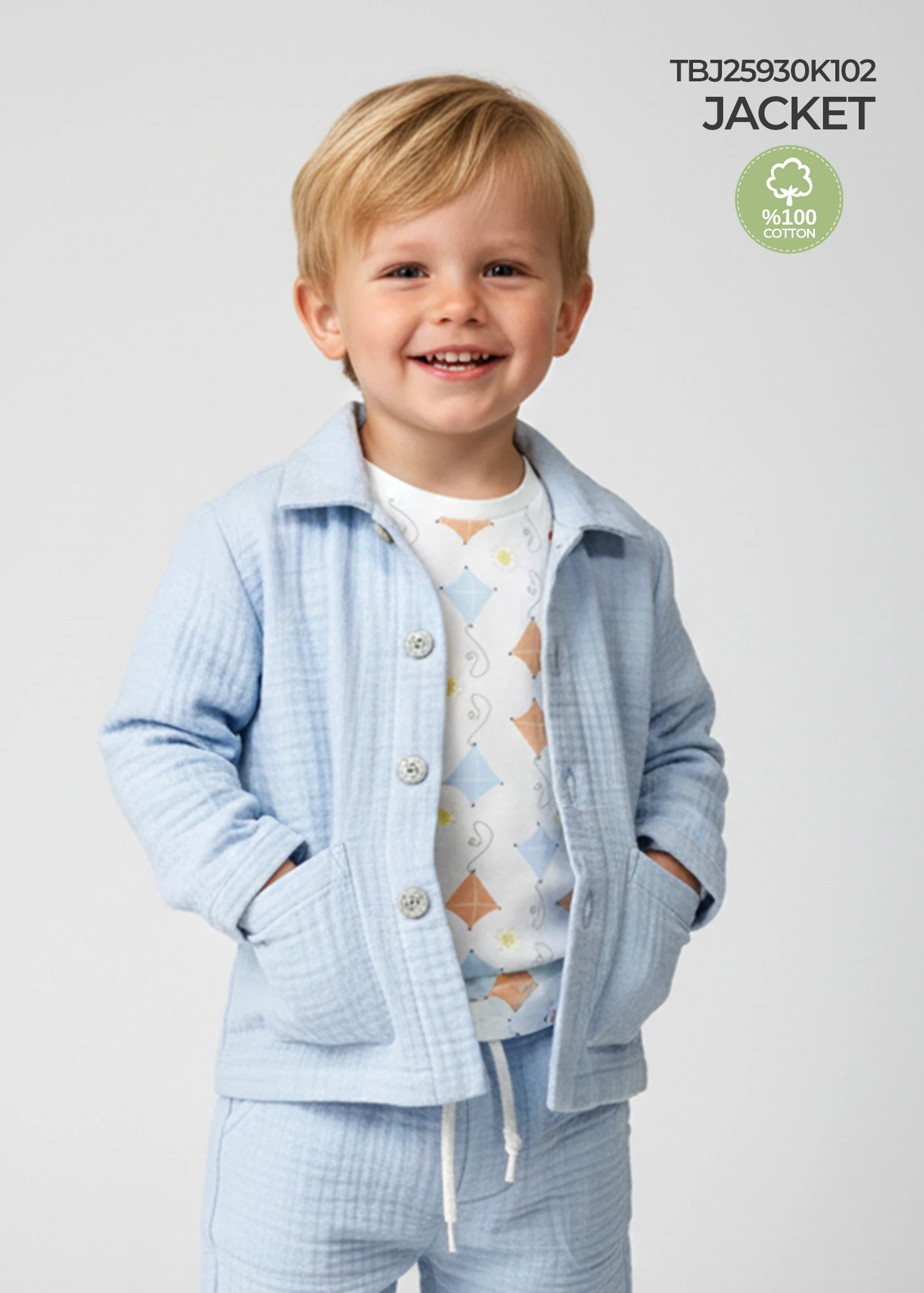 100% Cotton 4-Layer Muslin Light Blue Spring Toddler Boys’ Jacket