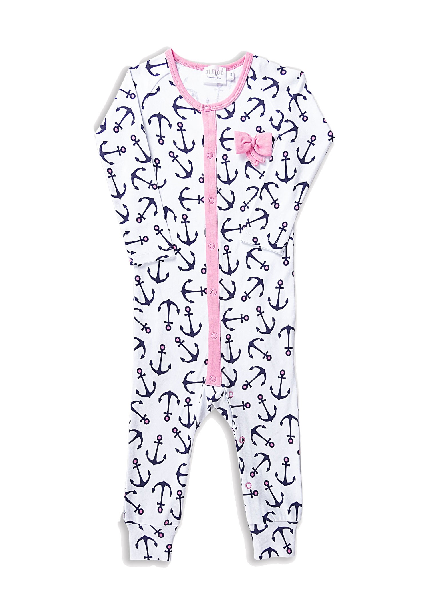 Organic Anchor Patterned Baby Girl Jumpsuit with Pink Bow Collar