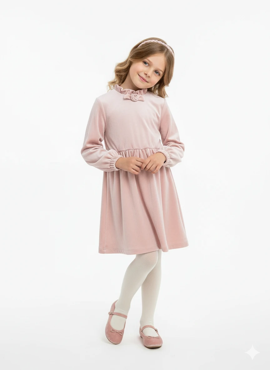 Yarım Boğazlı Yumuşacık Pudra Pembe Kadife Kız Çocuk Elbise