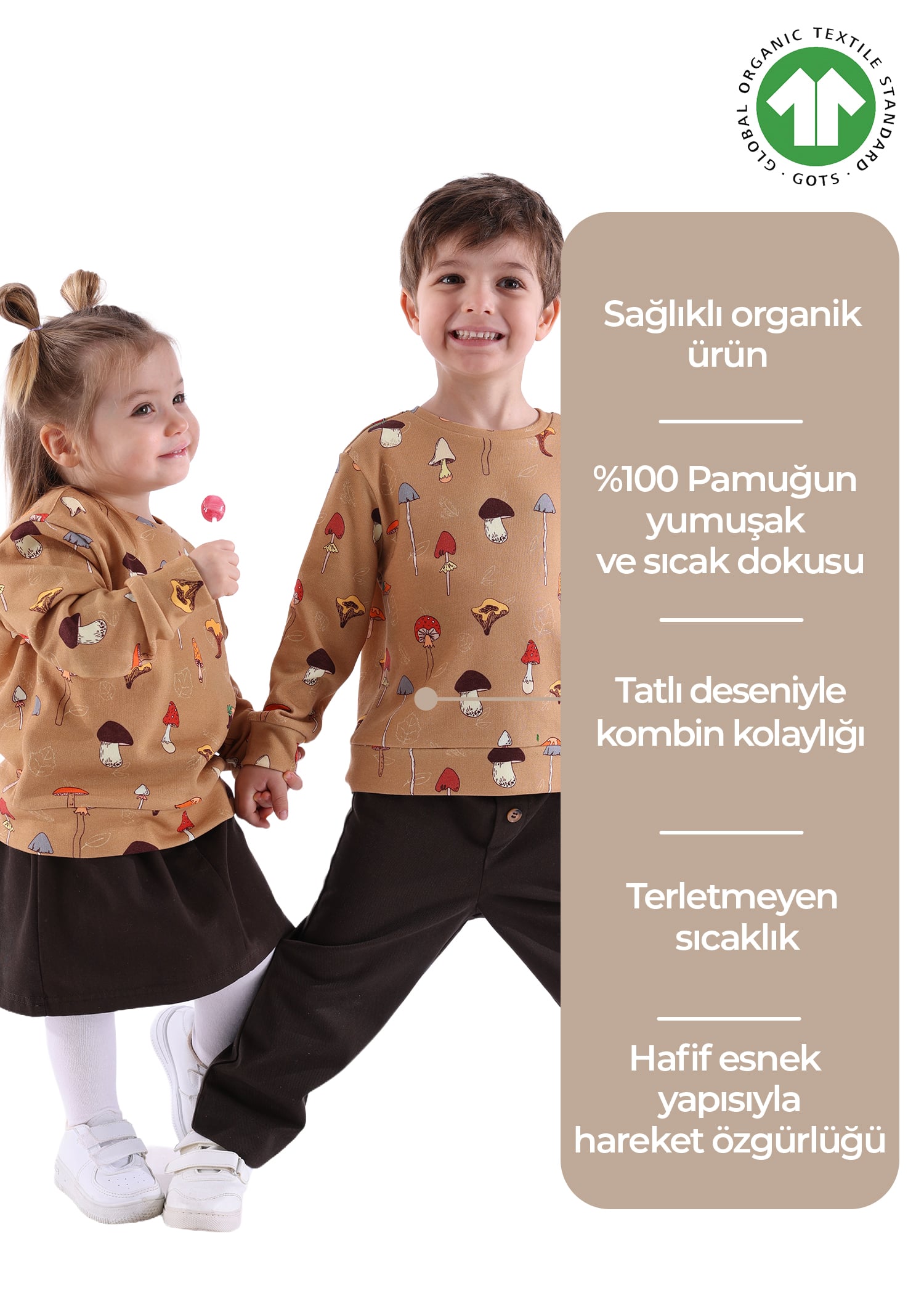 Organik Mantar Desenli Kahverengi Kışlık Unisex Toddler Sweatshirt