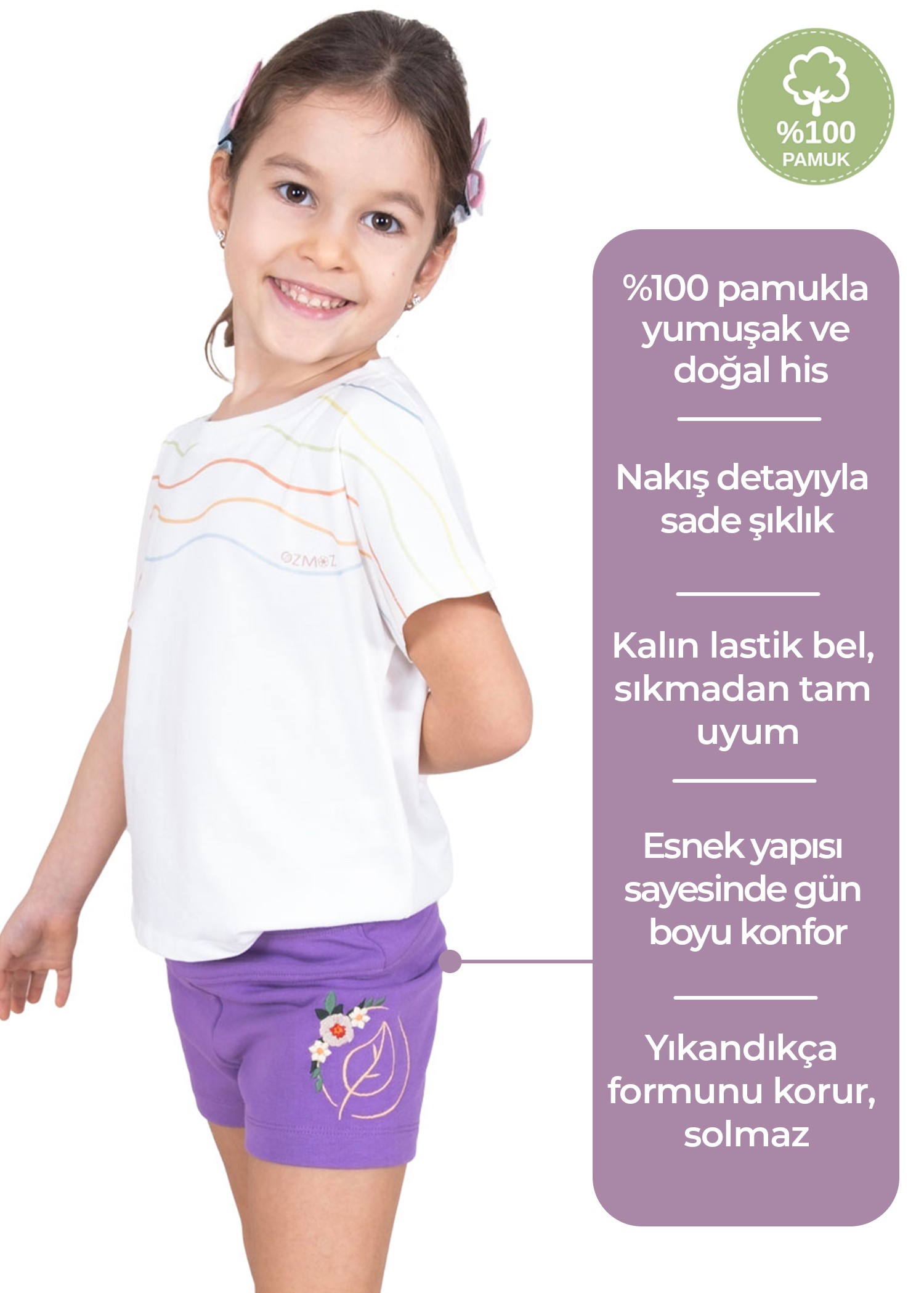 %100 Pamuk Nakış İşlemeli Yazlık Mor Kız Çocuk Şort