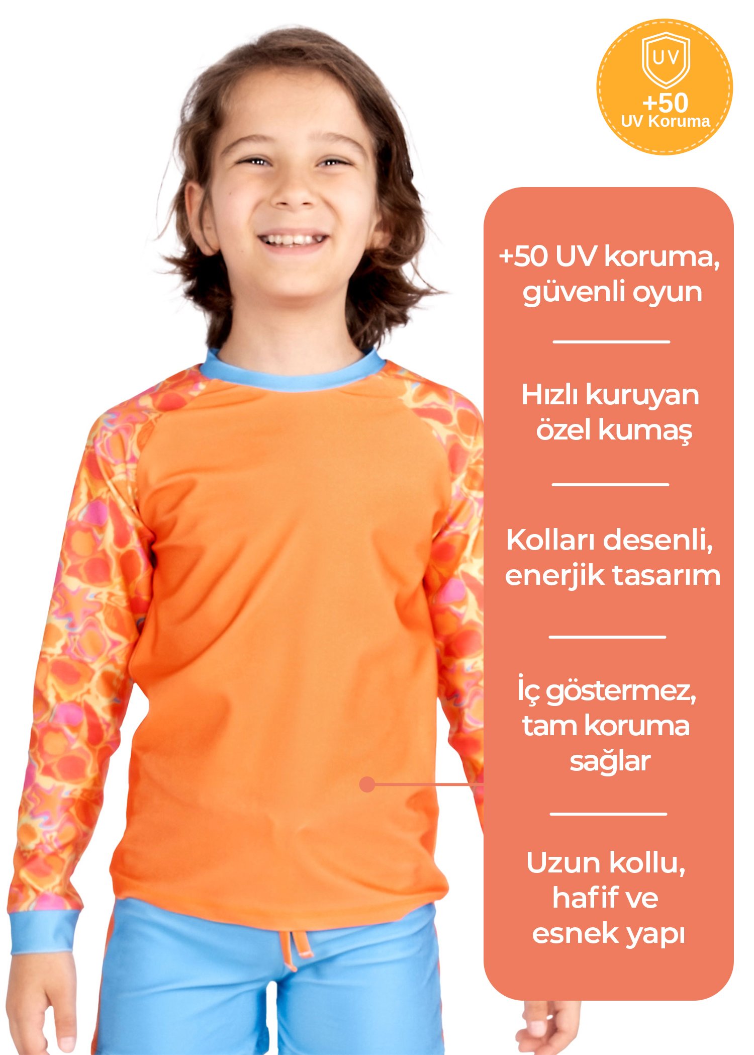 UV Korumalı Turuncu Uzun Kollu Unisex Çocuk Yüzücü Üstü